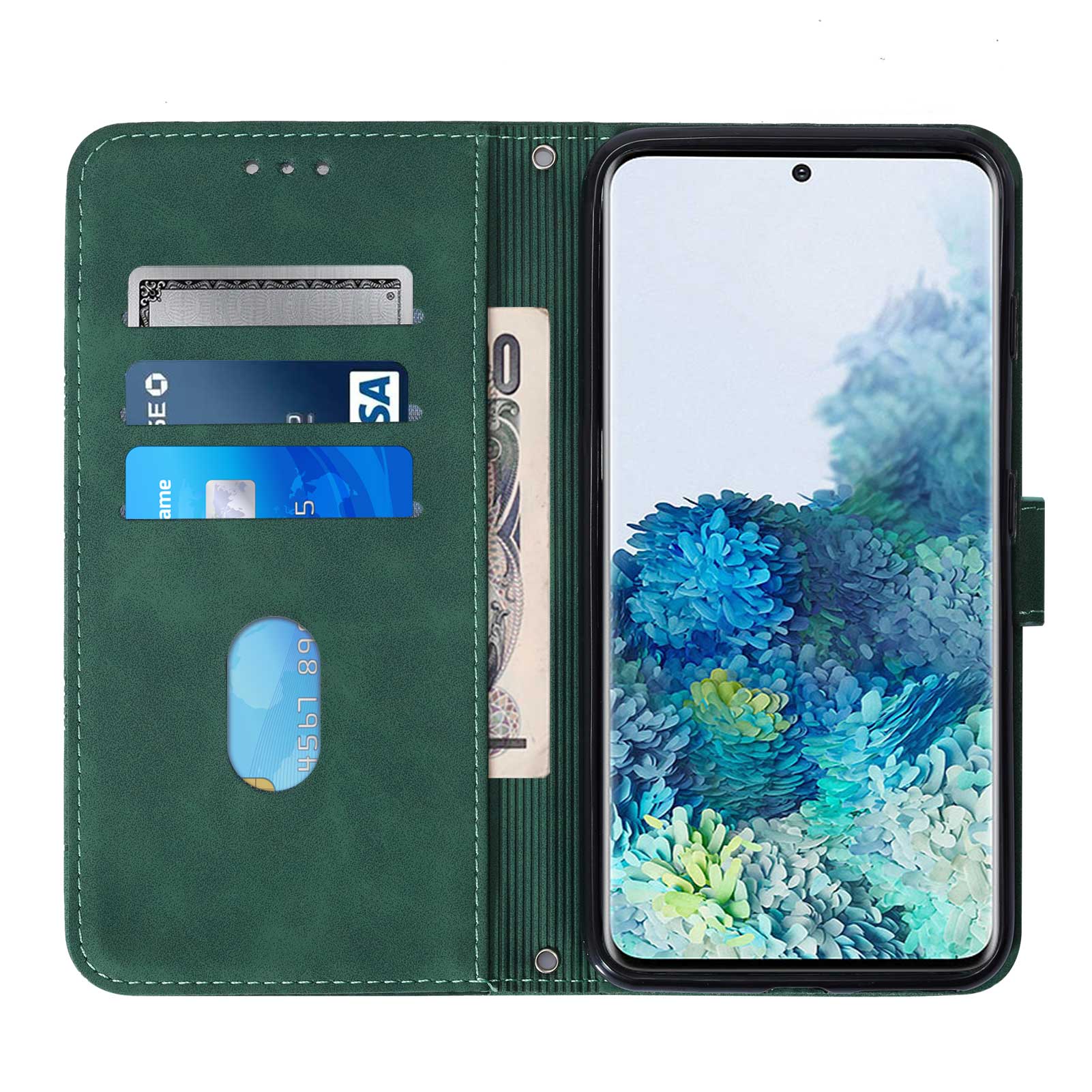 PU Leather Imprinting Lines Wallet Case Stand Feature Shockproof TPU Shell with Strap for Samsung Galaxy S20 4G/S20 5G - Blackish Green