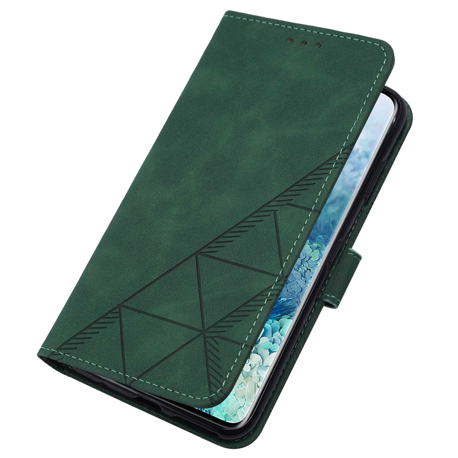 PU Leather Imprinting Lines Wallet Case Stand Feature Shockproof TPU Shell with Strap for Samsung Galaxy S20 4G/S20 5G - Blackish Green