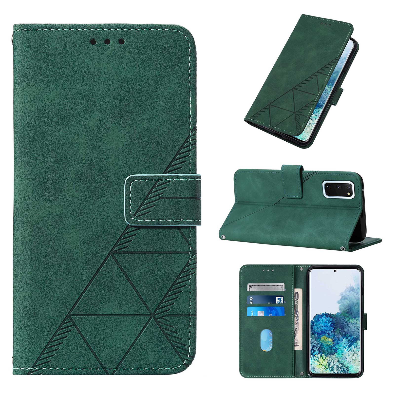 PU Leather Imprinting Lines Wallet Case Stand Feature Shockproof TPU Shell with Strap for Samsung Galaxy S20 4G/S20 5G - Blackish Green