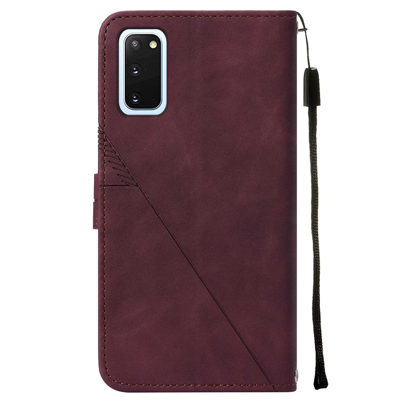 PU Leather Imprinting Lines Wallet Case Stand Feature Shockproof TPU Shell with Strap for Samsung Galaxy S20 4G/S20 5G - Wine Red