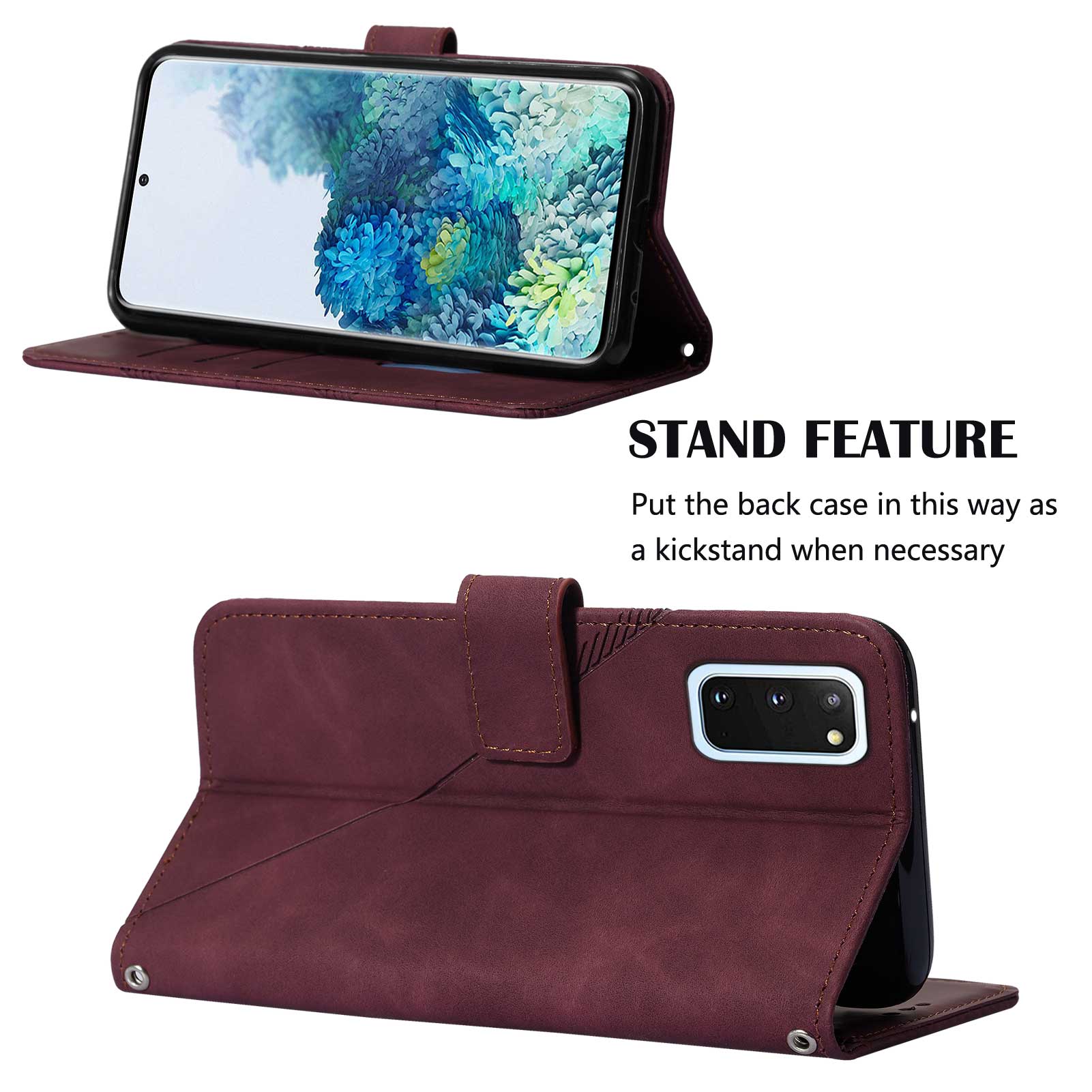 PU Leather Imprinting Lines Wallet Case Stand Feature Shockproof TPU Shell with Strap for Samsung Galaxy S20 4G/S20 5G - Wine Red