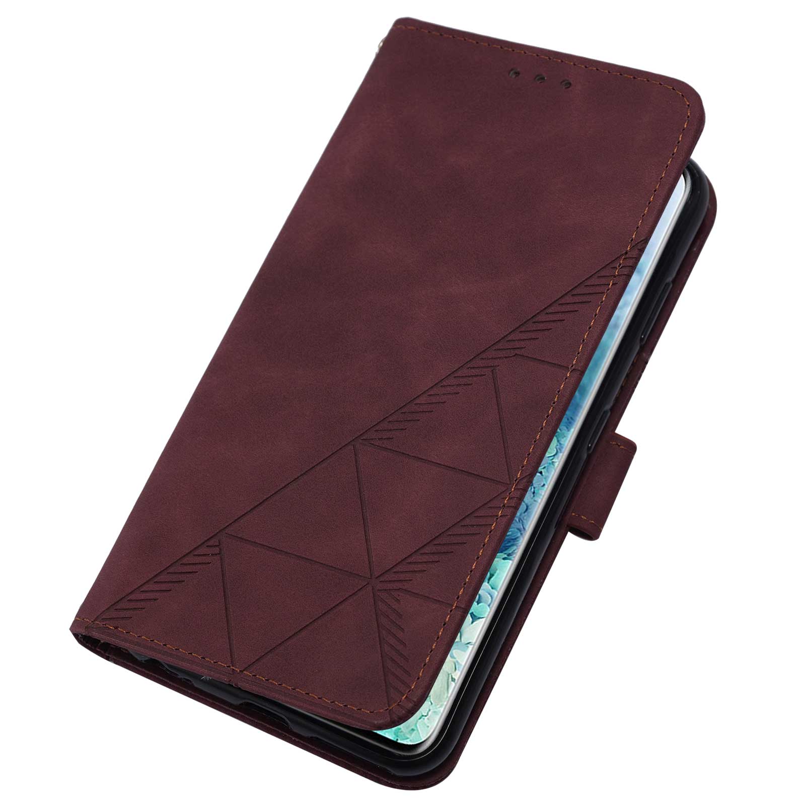 PU Leather Imprinting Lines Wallet Case Stand Feature Shockproof TPU Shell with Strap for Samsung Galaxy S20 4G/S20 5G - Wine Red