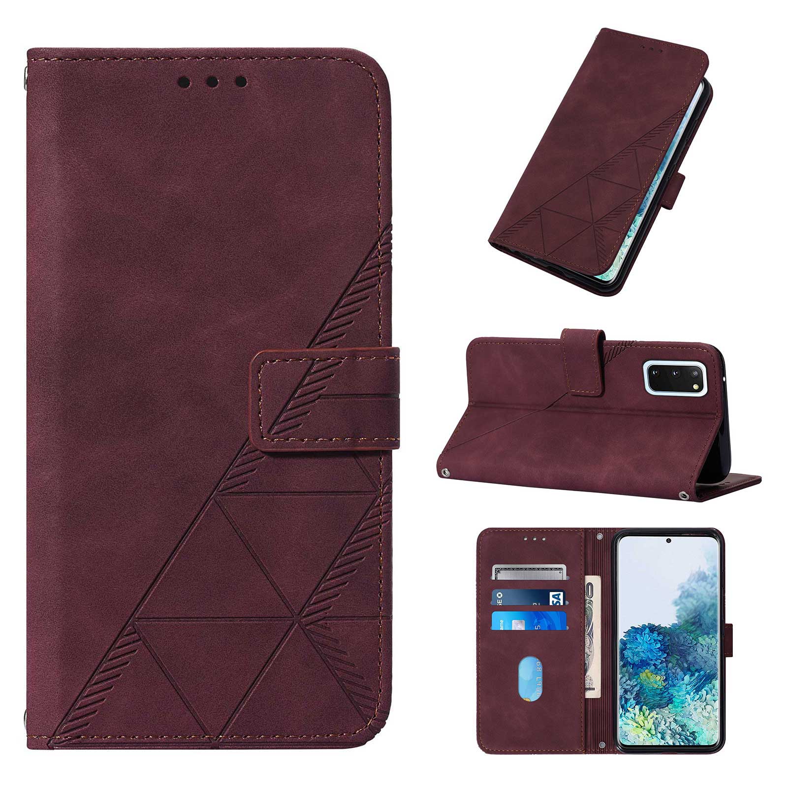 PU Leather Imprinting Lines Wallet Case Stand Feature Shockproof TPU Shell with Strap for Samsung Galaxy S20 4G/S20 5G - Wine Red