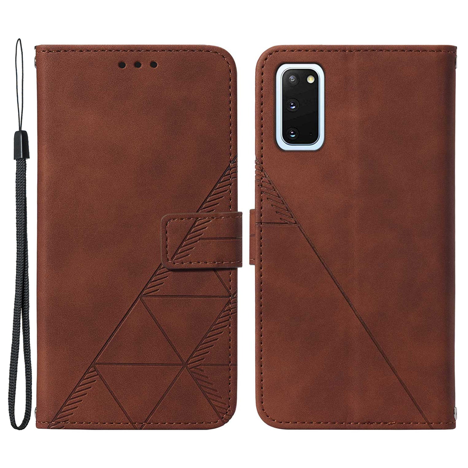 PU Leather Imprinting Lines Wallet Case Stand Feature Shockproof TPU Shell with Strap for Samsung Galaxy S20 4G/S20 5G - Brown