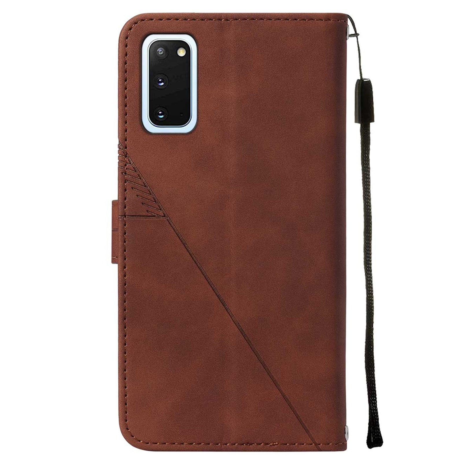 PU Leather Imprinting Lines Wallet Case Stand Feature Shockproof TPU Shell with Strap for Samsung Galaxy S20 4G/S20 5G - Brown