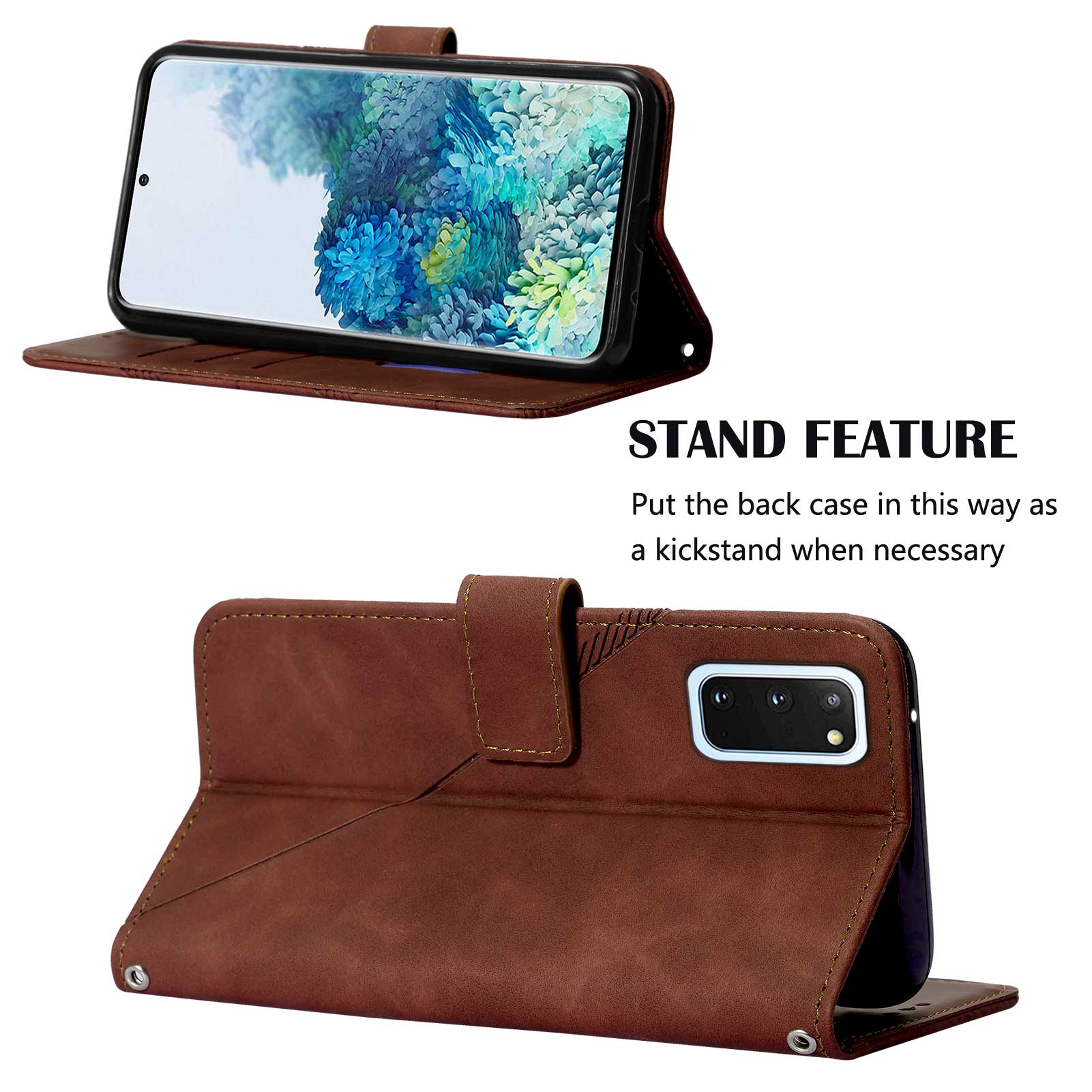 PU Leather Imprinting Lines Wallet Case Stand Feature Shockproof TPU Shell with Strap for Samsung Galaxy S20 4G/S20 5G - Brown