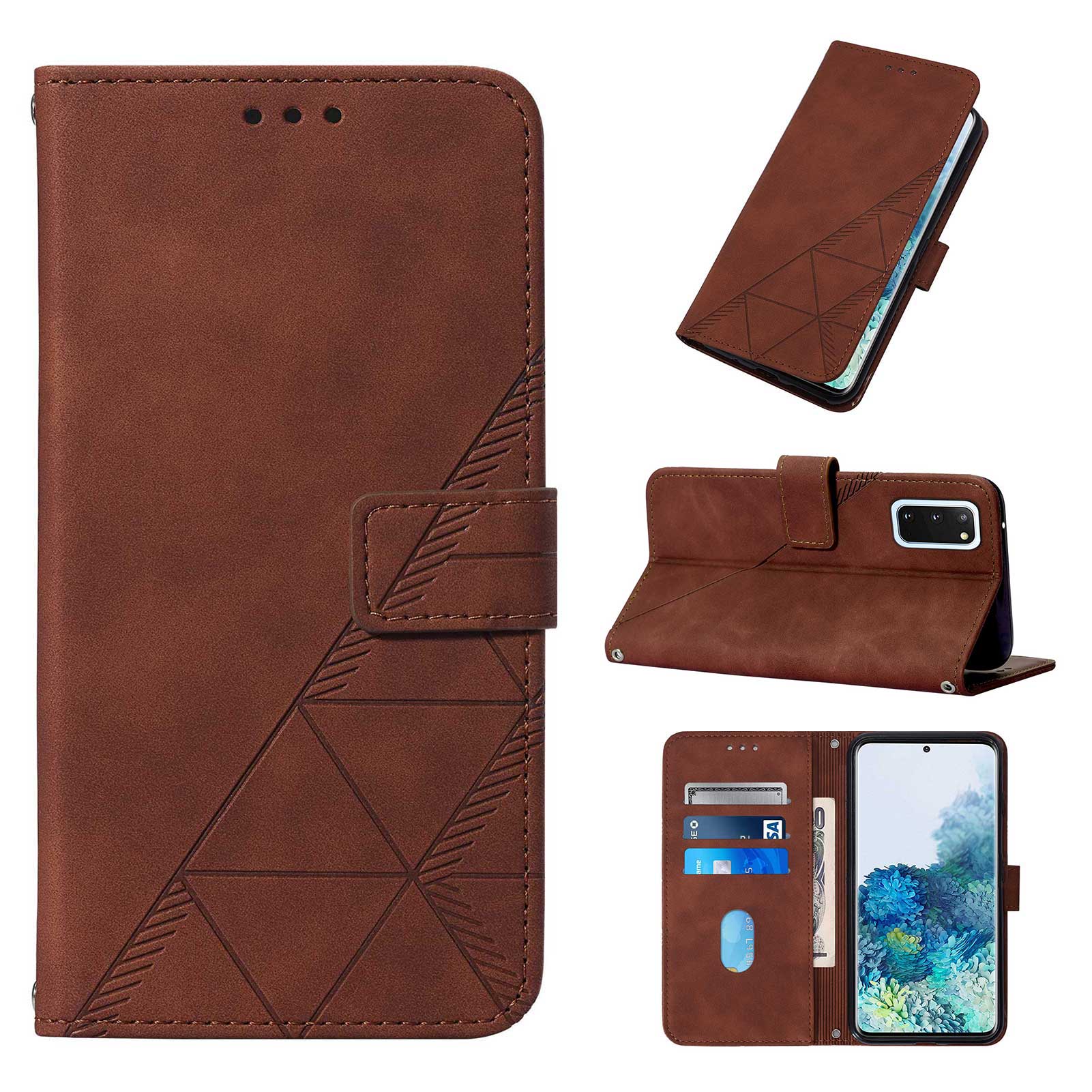 PU Leather Imprinting Lines Wallet Case Stand Feature Shockproof TPU Shell with Strap for Samsung Galaxy S20 4G/S20 5G - Brown