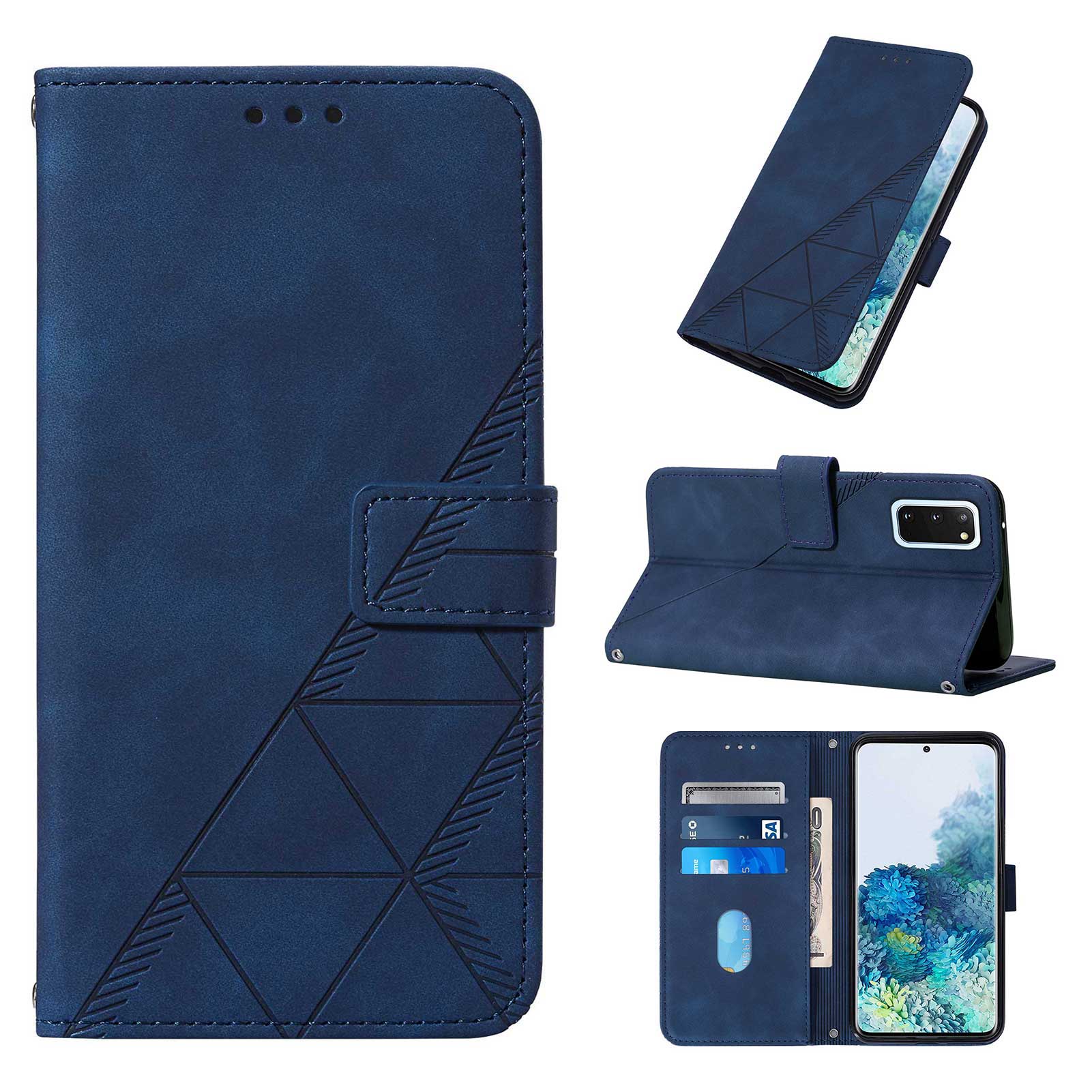 PU Leather Imprinting Lines Wallet Case Stand Feature Shockproof TPU Shell with Strap for Samsung Galaxy S20 4G/S20 5G - Sapphire