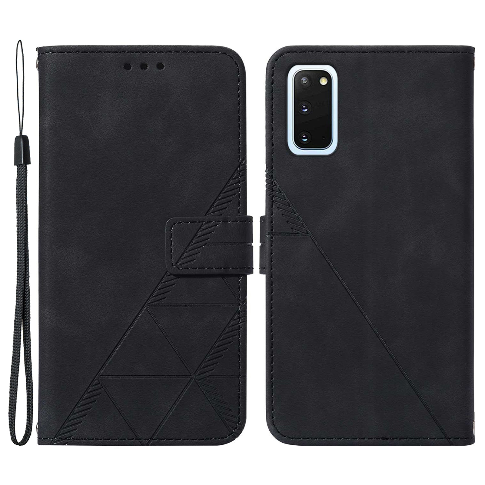 PU Leather Imprinting Lines Wallet Case Stand Feature Shockproof TPU Shell with Strap for Samsung Galaxy S20 4G/S20 5G - Black