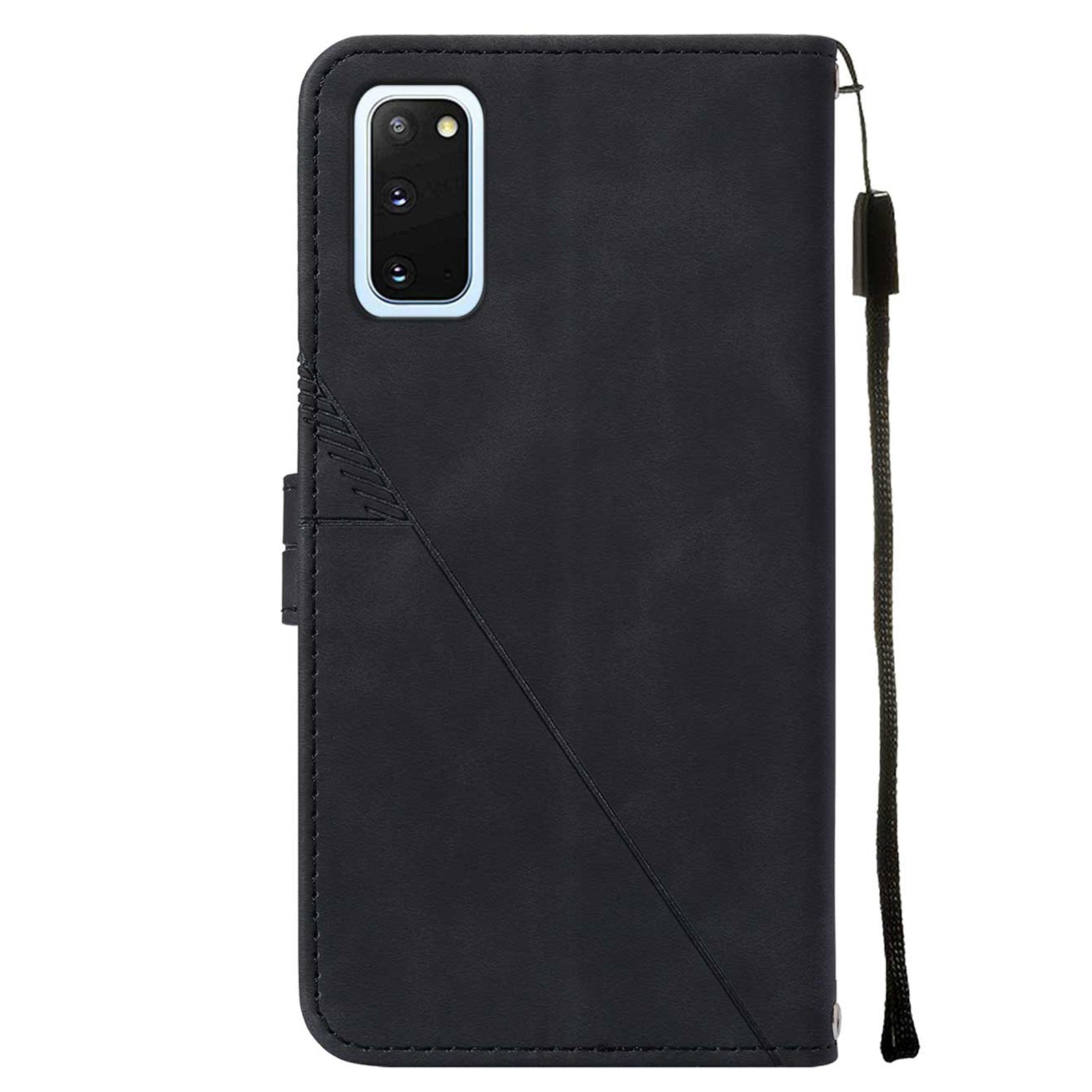 PU Leather Imprinting Lines Wallet Case Stand Feature Shockproof TPU Shell with Strap for Samsung Galaxy S20 4G/S20 5G - Black