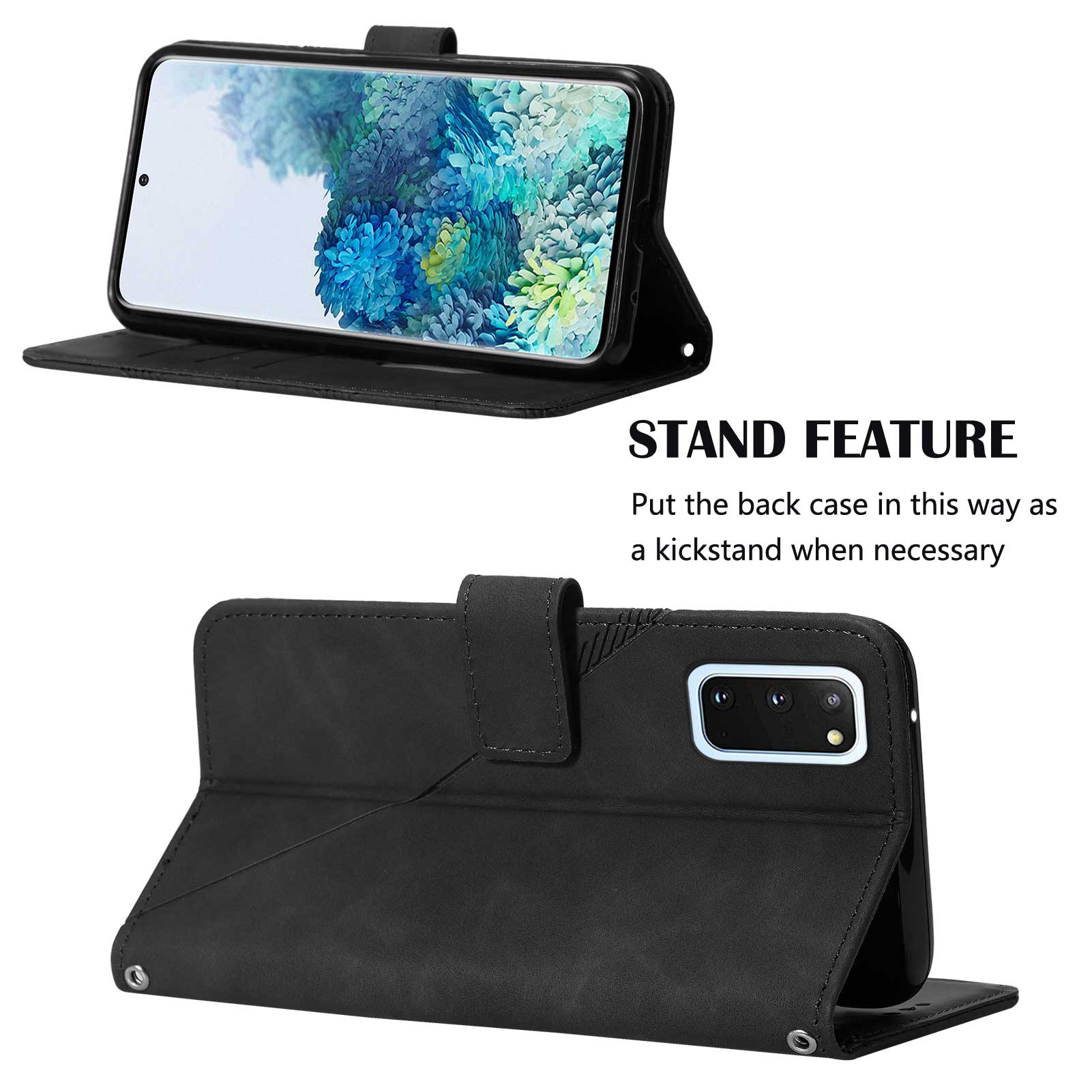 PU Leather Imprinting Lines Wallet Case Stand Feature Shockproof TPU Shell with Strap for Samsung Galaxy S20 4G/S20 5G - Black