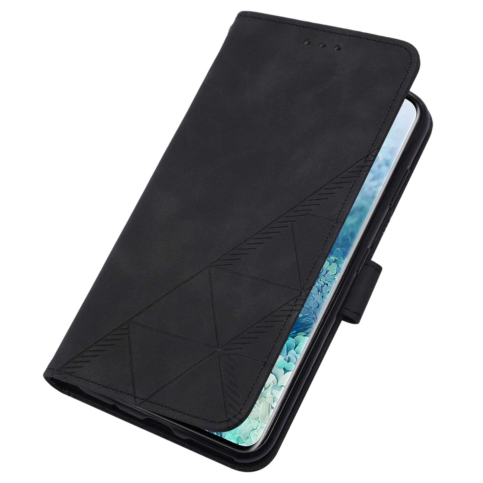 PU Leather Imprinting Lines Wallet Case Stand Feature Shockproof TPU Shell with Strap for Samsung Galaxy S20 4G/S20 5G - Black