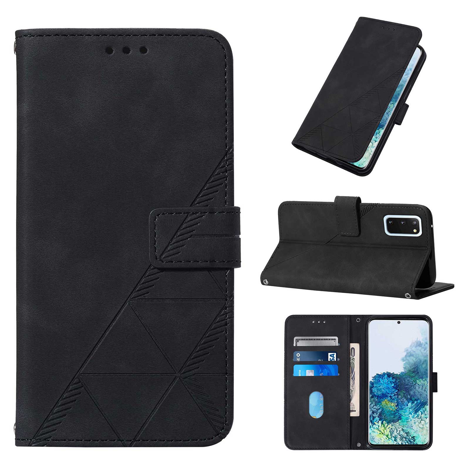 PU Leather Imprinting Lines Wallet Case Stand Feature Shockproof TPU Shell with Strap for Samsung Galaxy S20 4G/S20 5G - Black