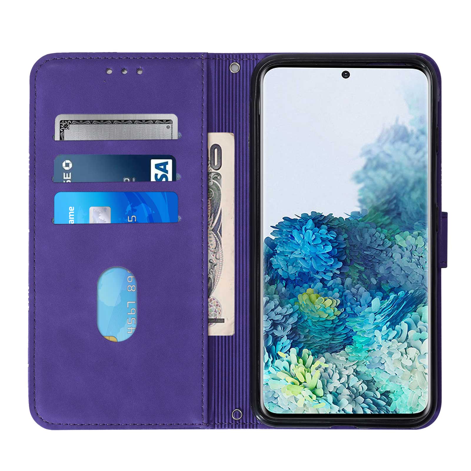 PU Leather Imprinting Lines Wallet Case Stand Feature Shockproof TPU Shell with Strap for Samsung Galaxy S20 4G/S20 5G - Purple