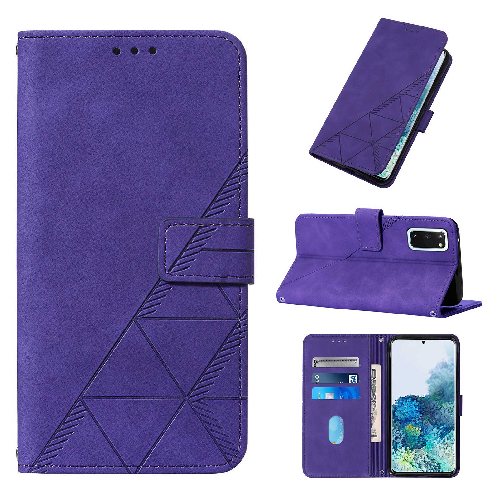 PU Leather Imprinting Lines Wallet Case Stand Feature Shockproof TPU Shell with Strap for Samsung Galaxy S20 4G/S20 5G - Purple