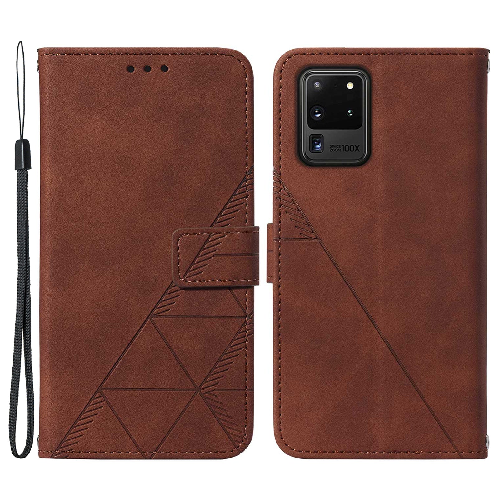 Imprinting Lines PU Leather Folio Flip Wallet Case Stand Magnetic Closure TPU Interior Phone Cover with Strap for Samsung Galaxy S20 Ultra - Brown