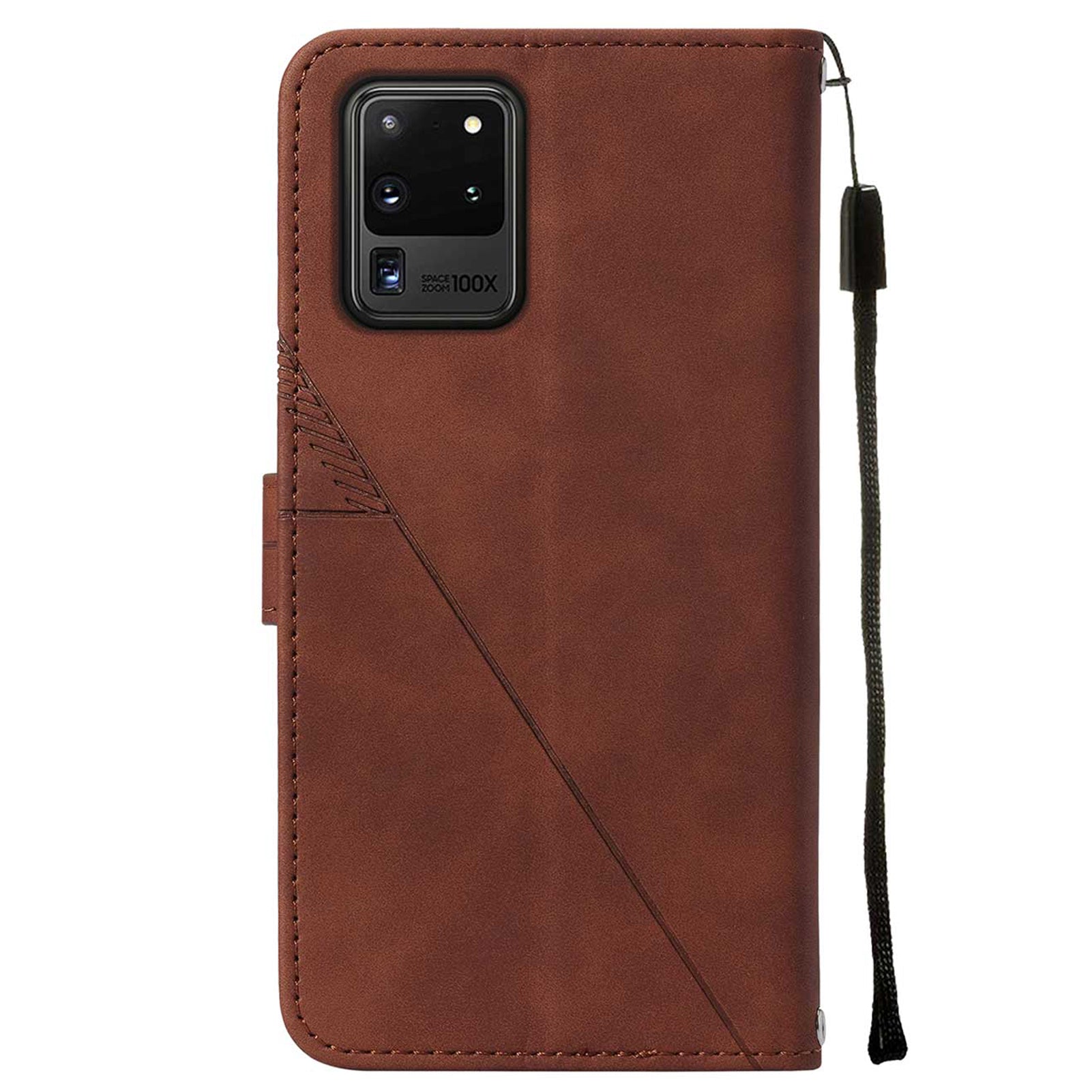 Imprinting Lines PU Leather Folio Flip Wallet Case Stand Magnetic Closure TPU Interior Phone Cover with Strap for Samsung Galaxy S20 Ultra - Brown