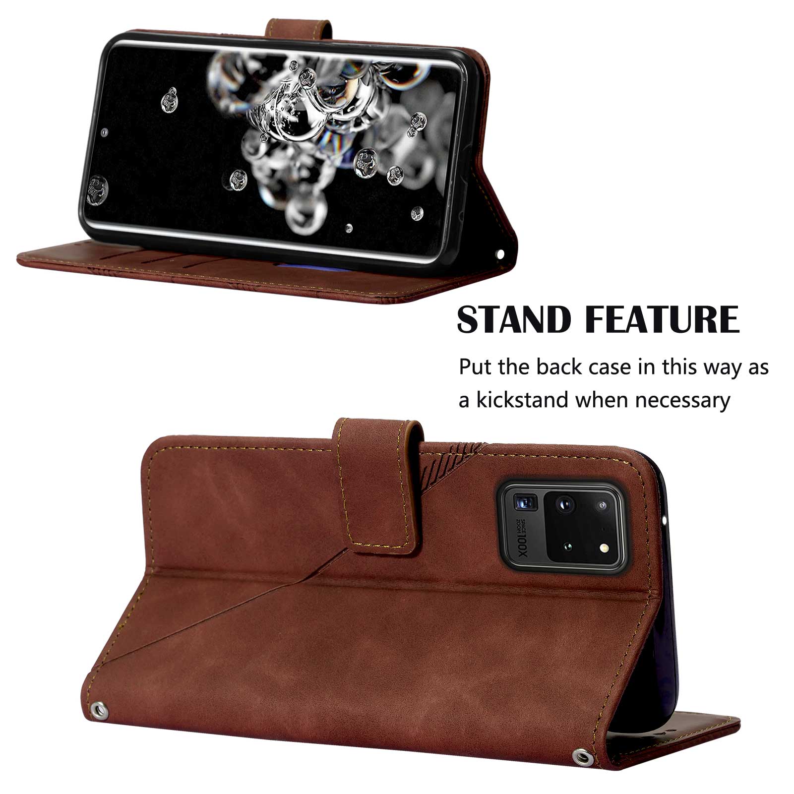 Imprinting Lines PU Leather Folio Flip Wallet Case Stand Magnetic Closure TPU Interior Phone Cover with Strap for Samsung Galaxy S20 Ultra - Brown