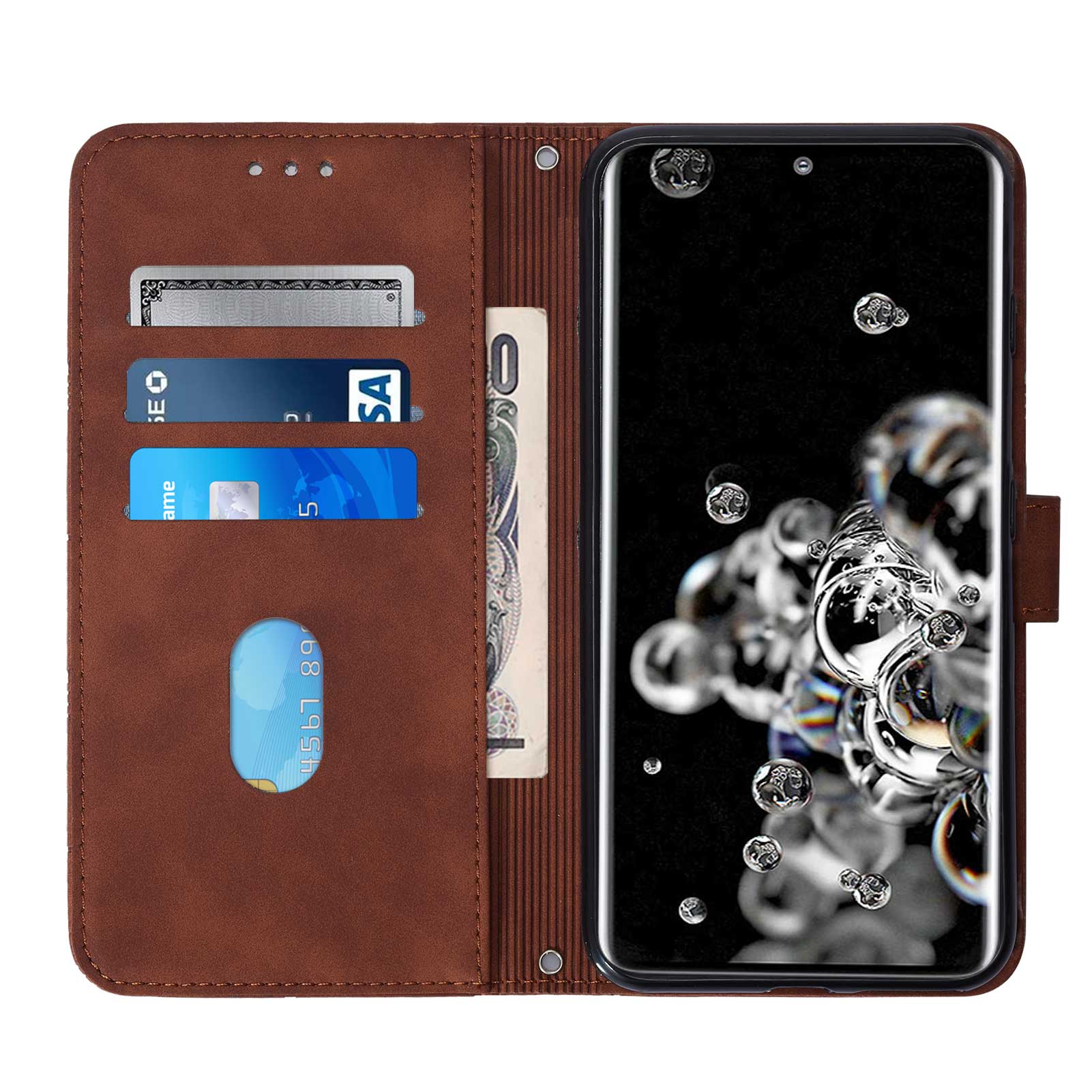 Imprinting Lines PU Leather Folio Flip Wallet Case Stand Magnetic Closure TPU Interior Phone Cover with Strap for Samsung Galaxy S20 Ultra - Brown