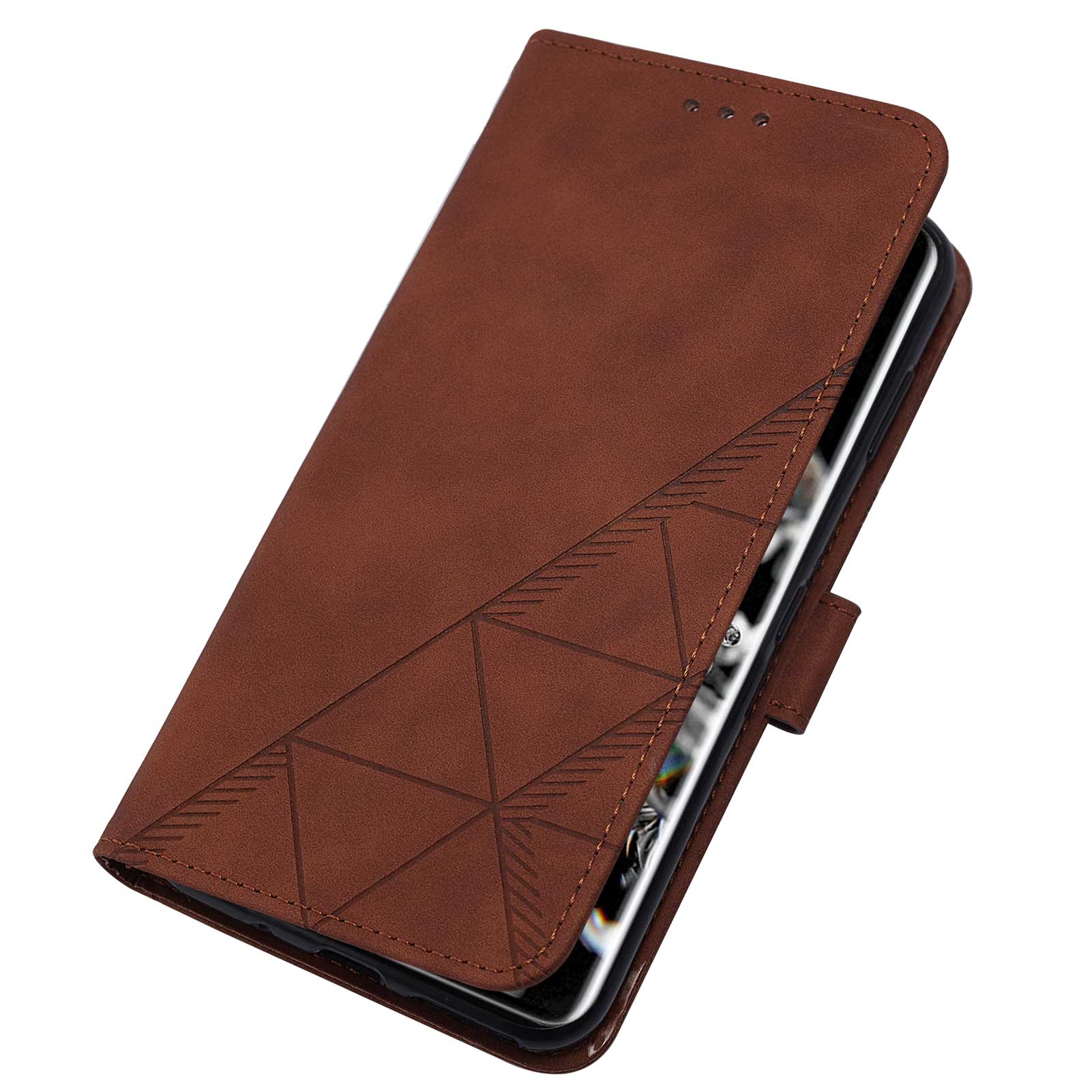 Imprinting Lines PU Leather Folio Flip Wallet Case Stand Magnetic Closure TPU Interior Phone Cover with Strap for Samsung Galaxy S20 Ultra - Brown