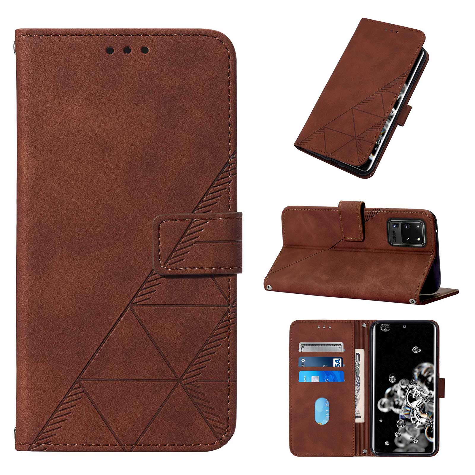 Imprinting Lines PU Leather Folio Flip Wallet Case Stand Magnetic Closure TPU Interior Phone Cover with Strap for Samsung Galaxy S20 Ultra - Brown