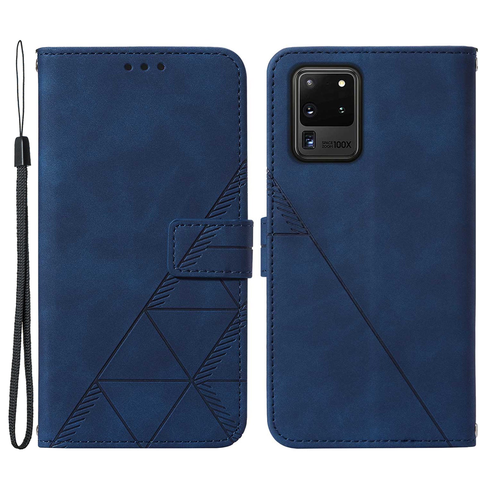 Imprinting Lines PU Leather Folio Flip Wallet Case Stand Magnetic Closure TPU Interior Phone Cover with Strap for Samsung Galaxy S20 Ultra - Sapphire