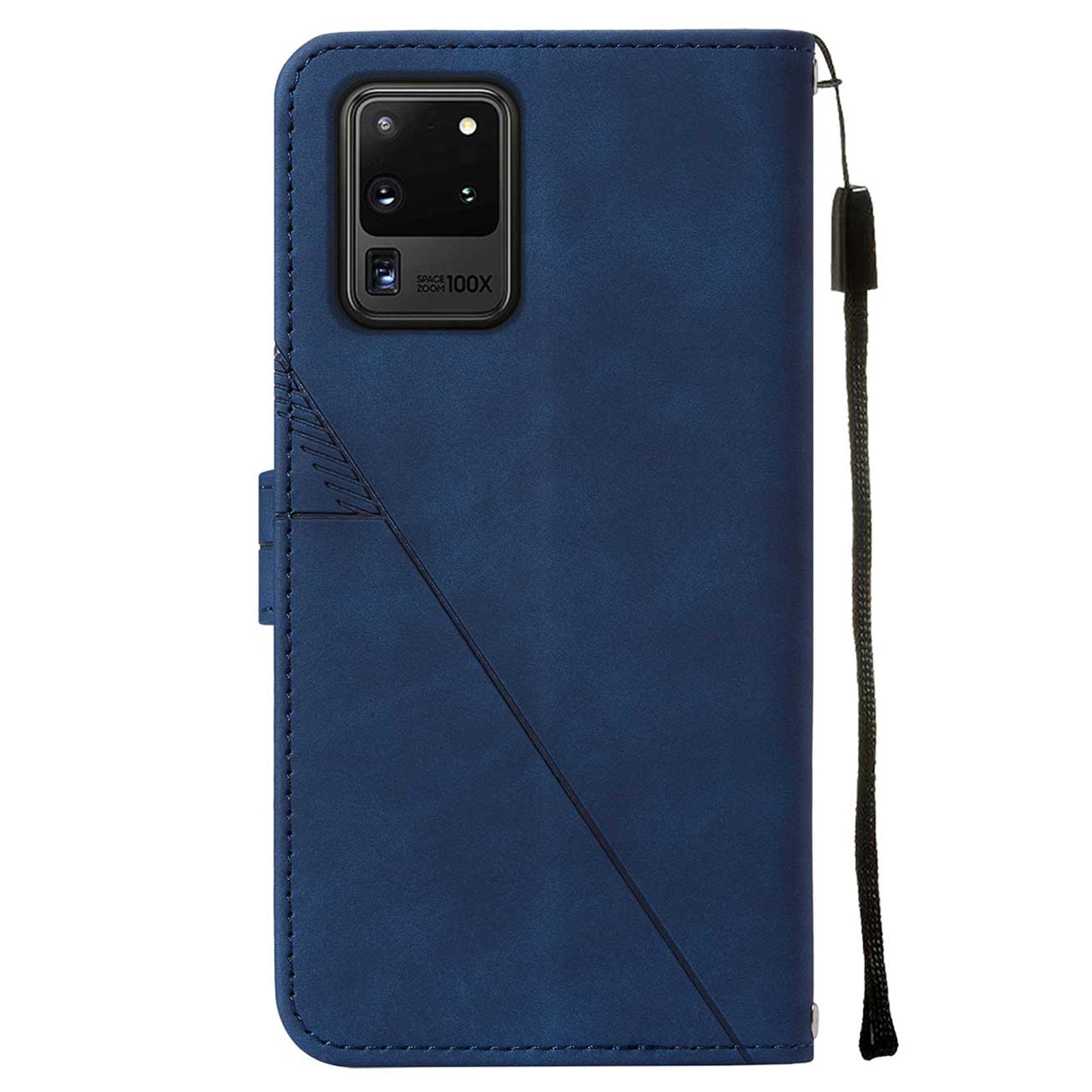 Imprinting Lines PU Leather Folio Flip Wallet Case Stand Magnetic Closure TPU Interior Phone Cover with Strap for Samsung Galaxy S20 Ultra - Sapphire