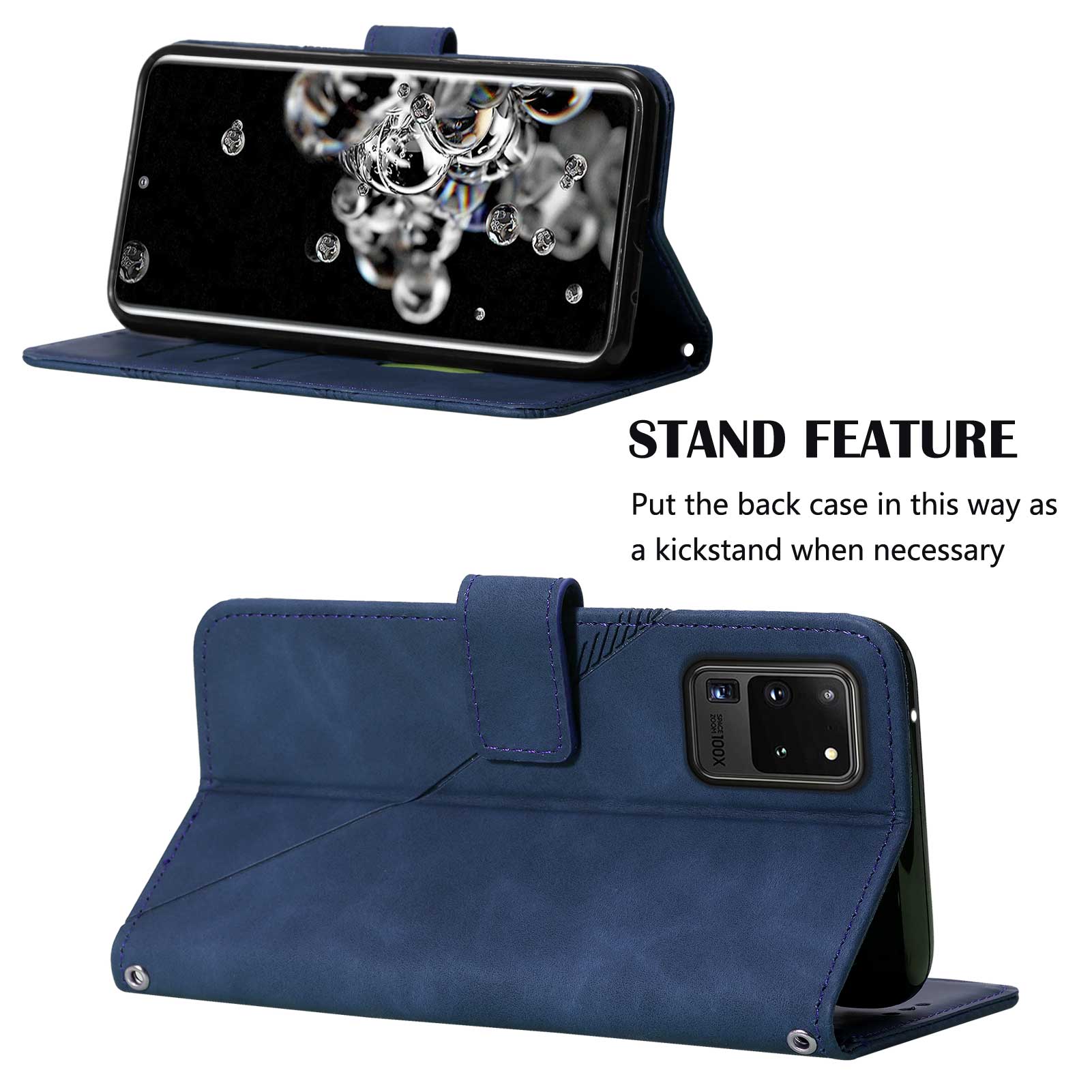 Imprinting Lines PU Leather Folio Flip Wallet Case Stand Magnetic Closure TPU Interior Phone Cover with Strap for Samsung Galaxy S20 Ultra - Sapphire