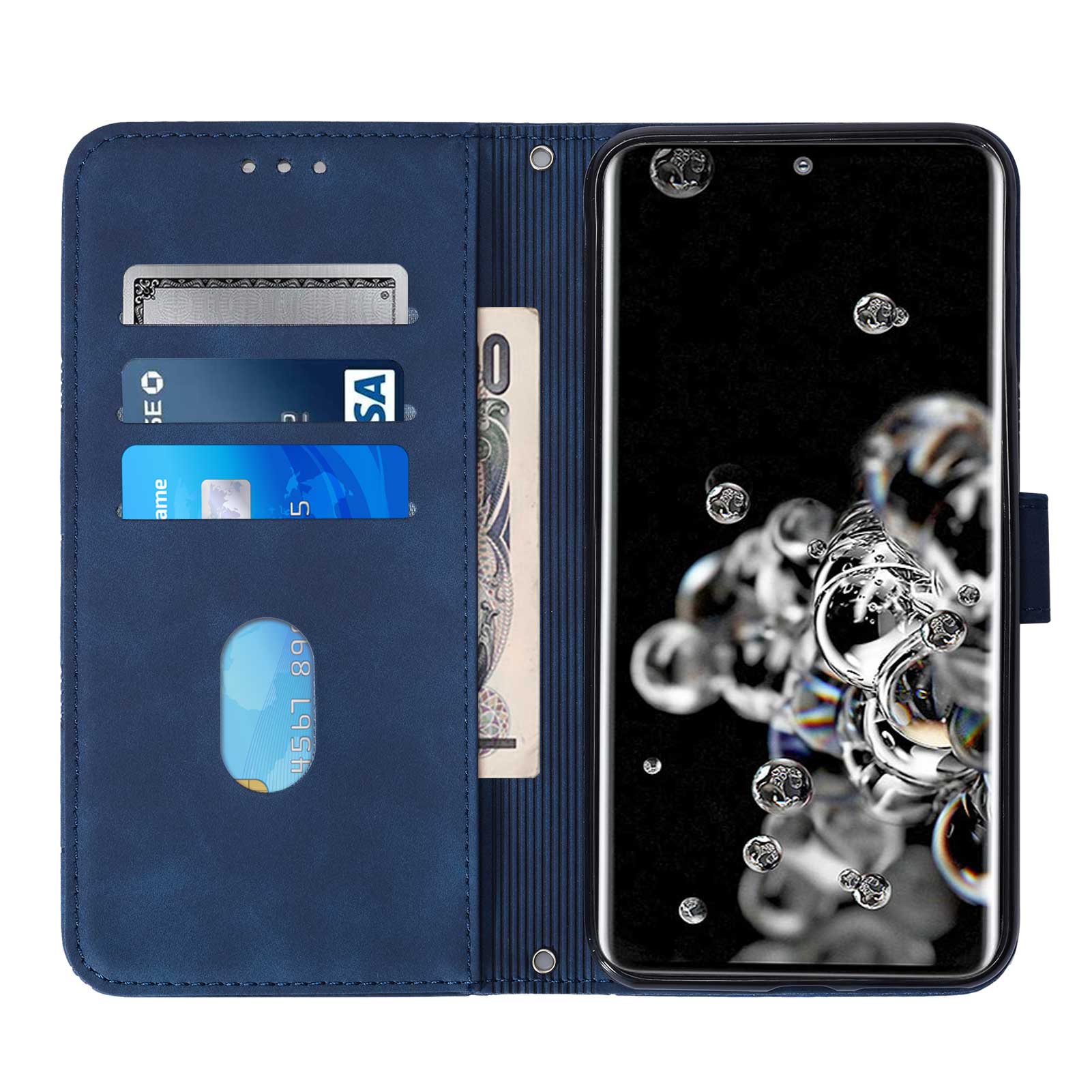 Imprinting Lines PU Leather Folio Flip Wallet Case Stand Magnetic Closure TPU Interior Phone Cover with Strap for Samsung Galaxy S20 Ultra - Sapphire