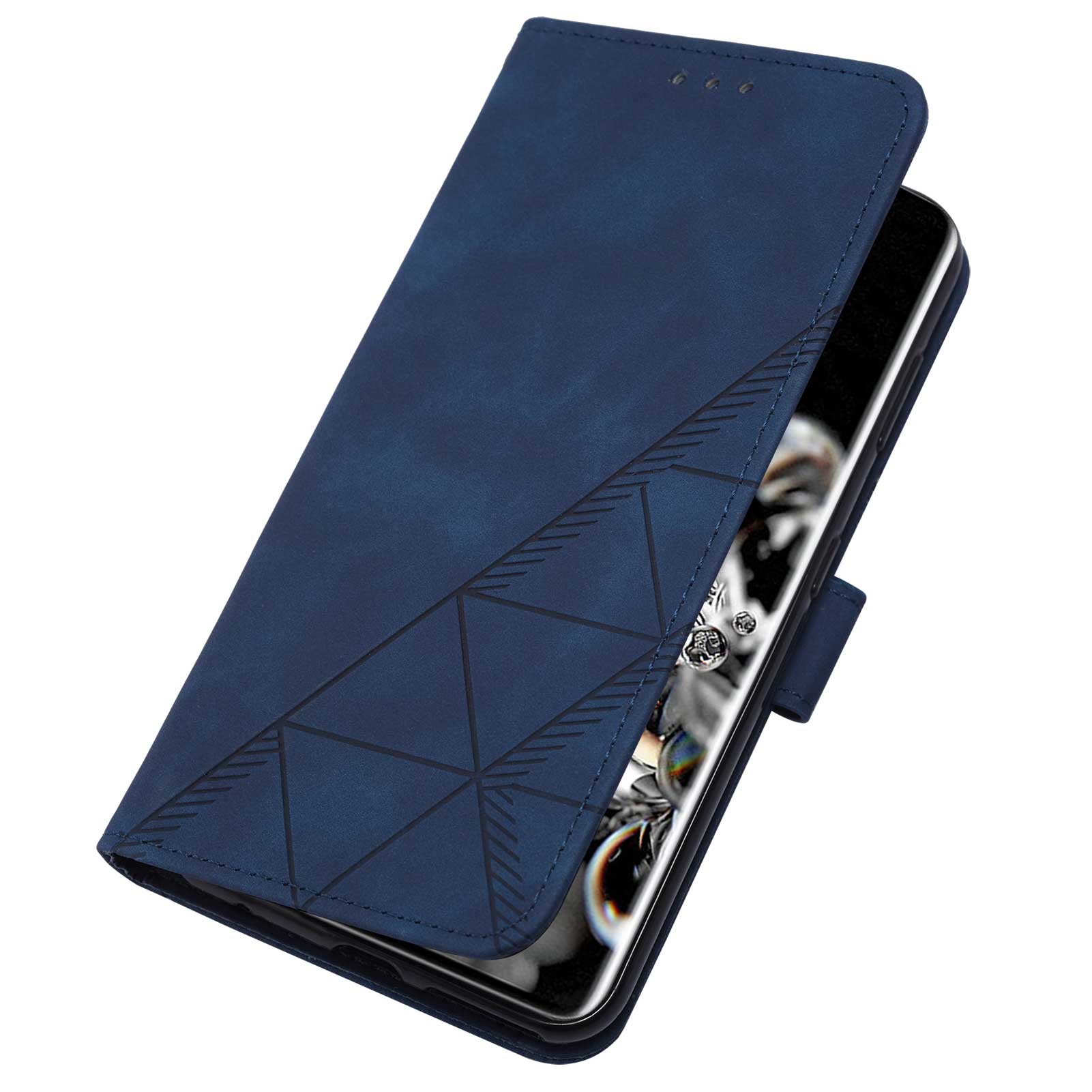 Imprinting Lines PU Leather Folio Flip Wallet Case Stand Magnetic Closure TPU Interior Phone Cover with Strap for Samsung Galaxy S20 Ultra - Sapphire