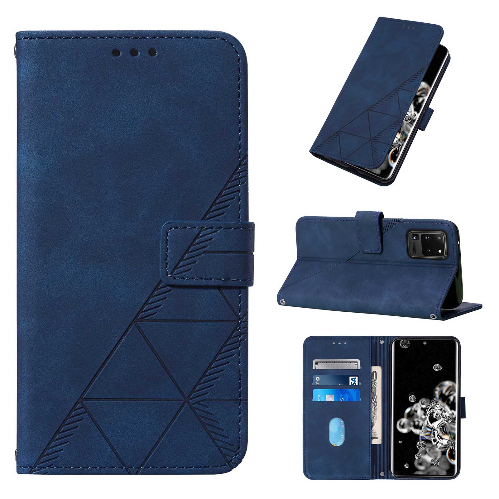 Imprinting Lines PU Leather Folio Flip Wallet Case Stand Magnetic Closure TPU Interior Phone Cover with Strap for Samsung Galaxy S20 Ultra - Sapphire