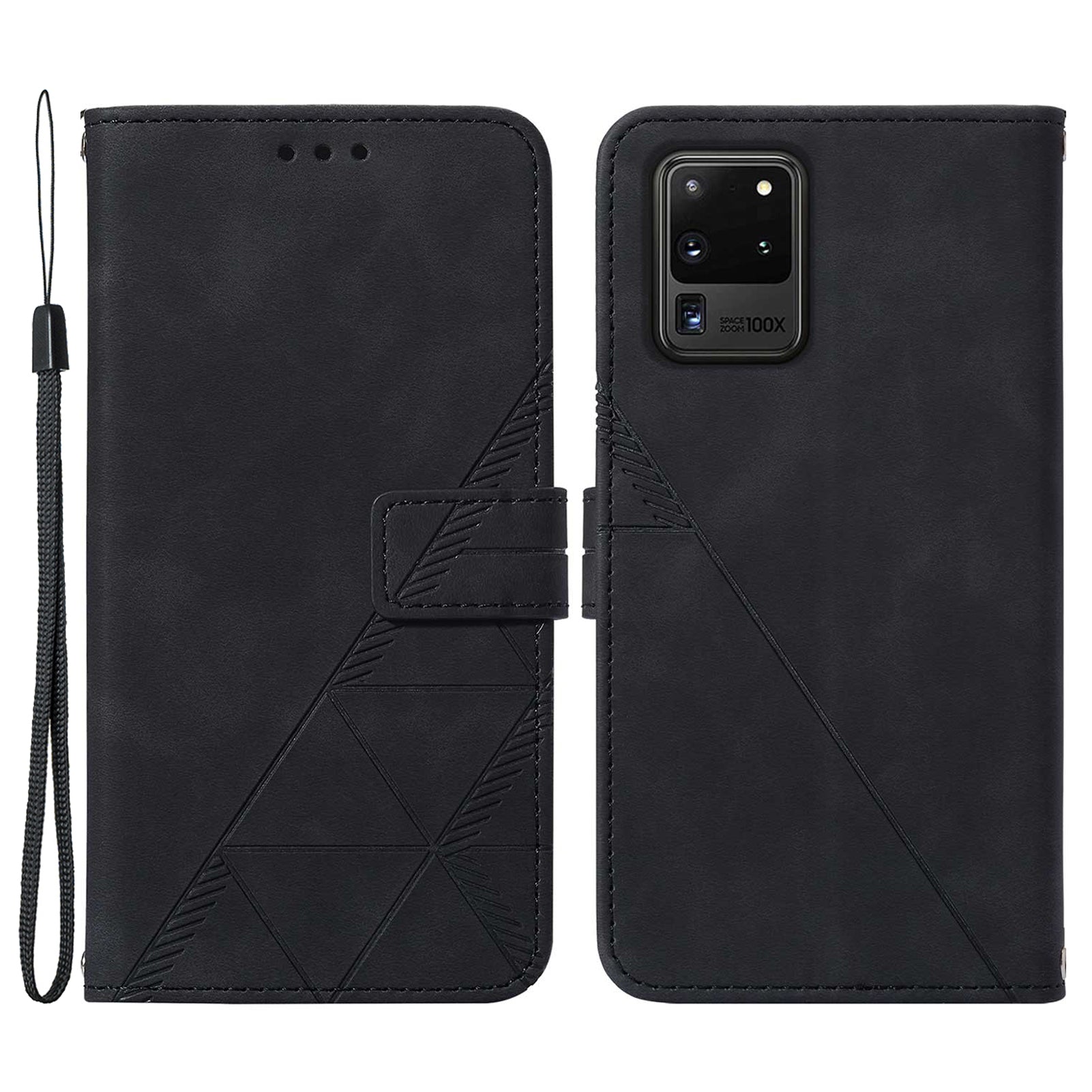 Imprinting Lines PU Leather Folio Flip Wallet Case Stand Magnetic Closure TPU Interior Phone Cover with Strap for Samsung Galaxy S20 Ultra - Black