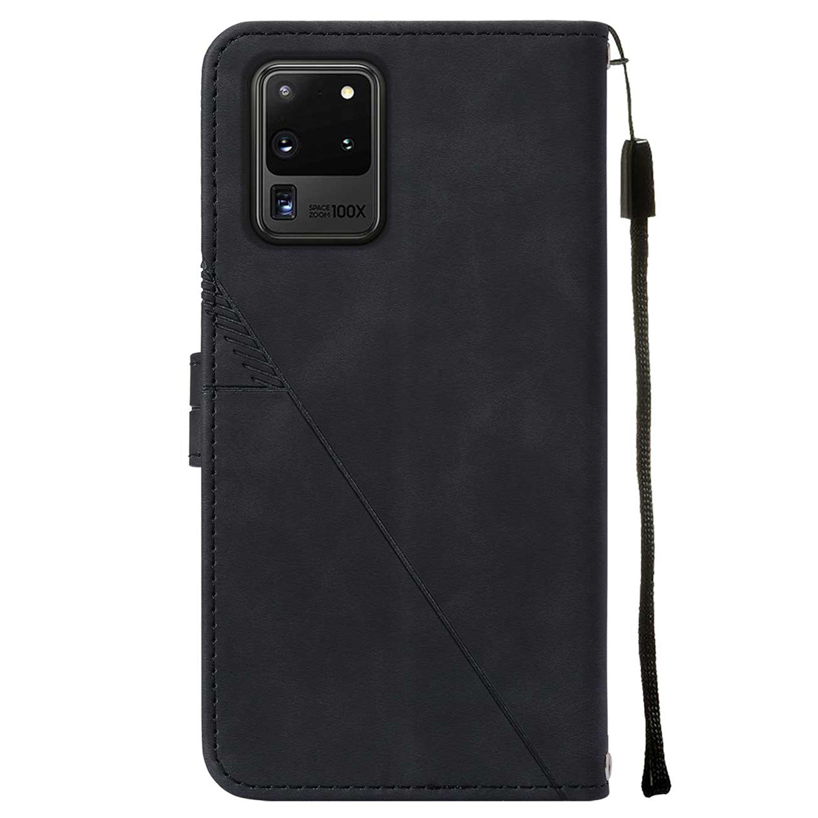 Imprinting Lines PU Leather Folio Flip Wallet Case Stand Magnetic Closure TPU Interior Phone Cover with Strap for Samsung Galaxy S20 Ultra - Black