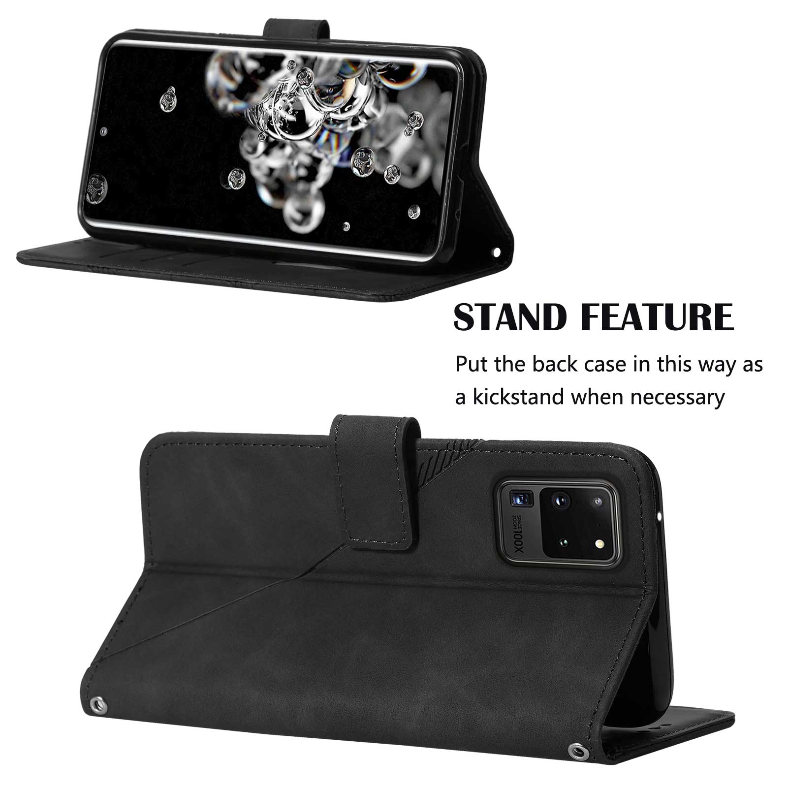 Imprinting Lines PU Leather Folio Flip Wallet Case Stand Magnetic Closure TPU Interior Phone Cover with Strap for Samsung Galaxy S20 Ultra - Black