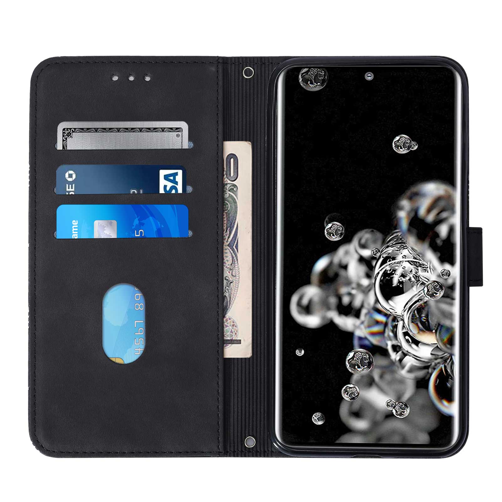 Imprinting Lines PU Leather Folio Flip Wallet Case Stand Magnetic Closure TPU Interior Phone Cover with Strap for Samsung Galaxy S20 Ultra - Black