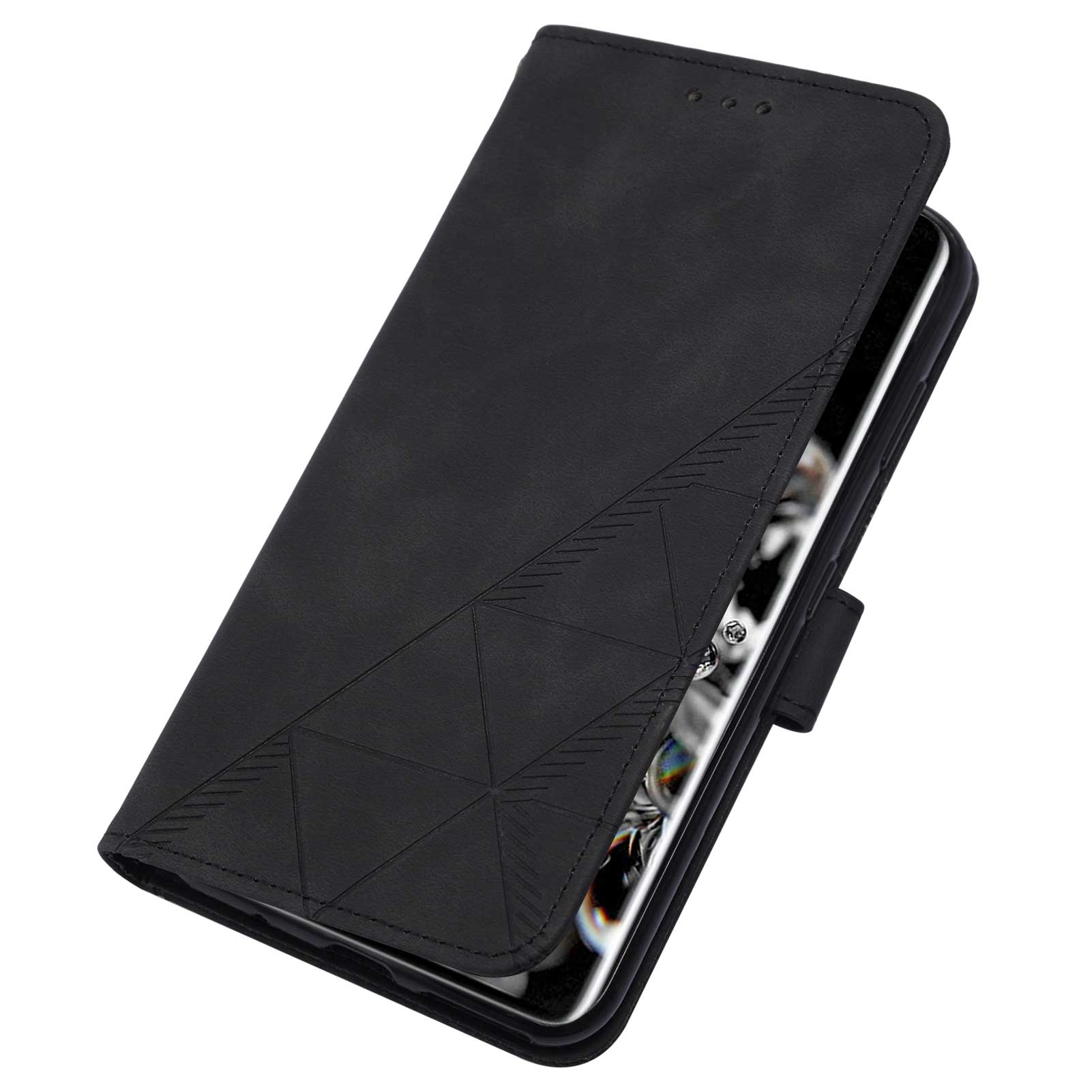 Imprinting Lines PU Leather Folio Flip Wallet Case Stand Magnetic Closure TPU Interior Phone Cover with Strap for Samsung Galaxy S20 Ultra - Black