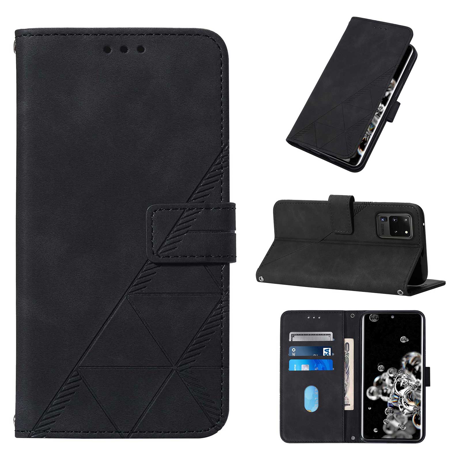 Imprinting Lines PU Leather Folio Flip Wallet Case Stand Magnetic Closure TPU Interior Phone Cover with Strap for Samsung Galaxy S20 Ultra - Black