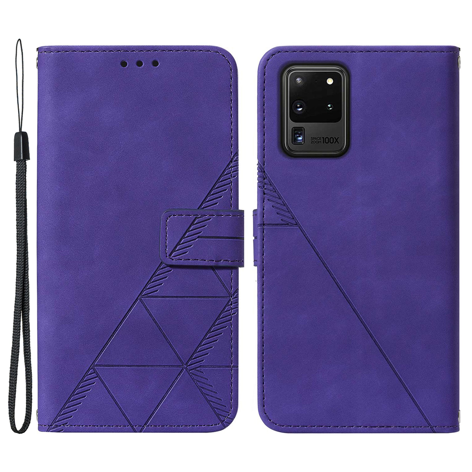 Imprinting Lines PU Leather Folio Flip Wallet Case Stand Magnetic Closure TPU Interior Phone Cover with Strap for Samsung Galaxy S20 Ultra - Purple