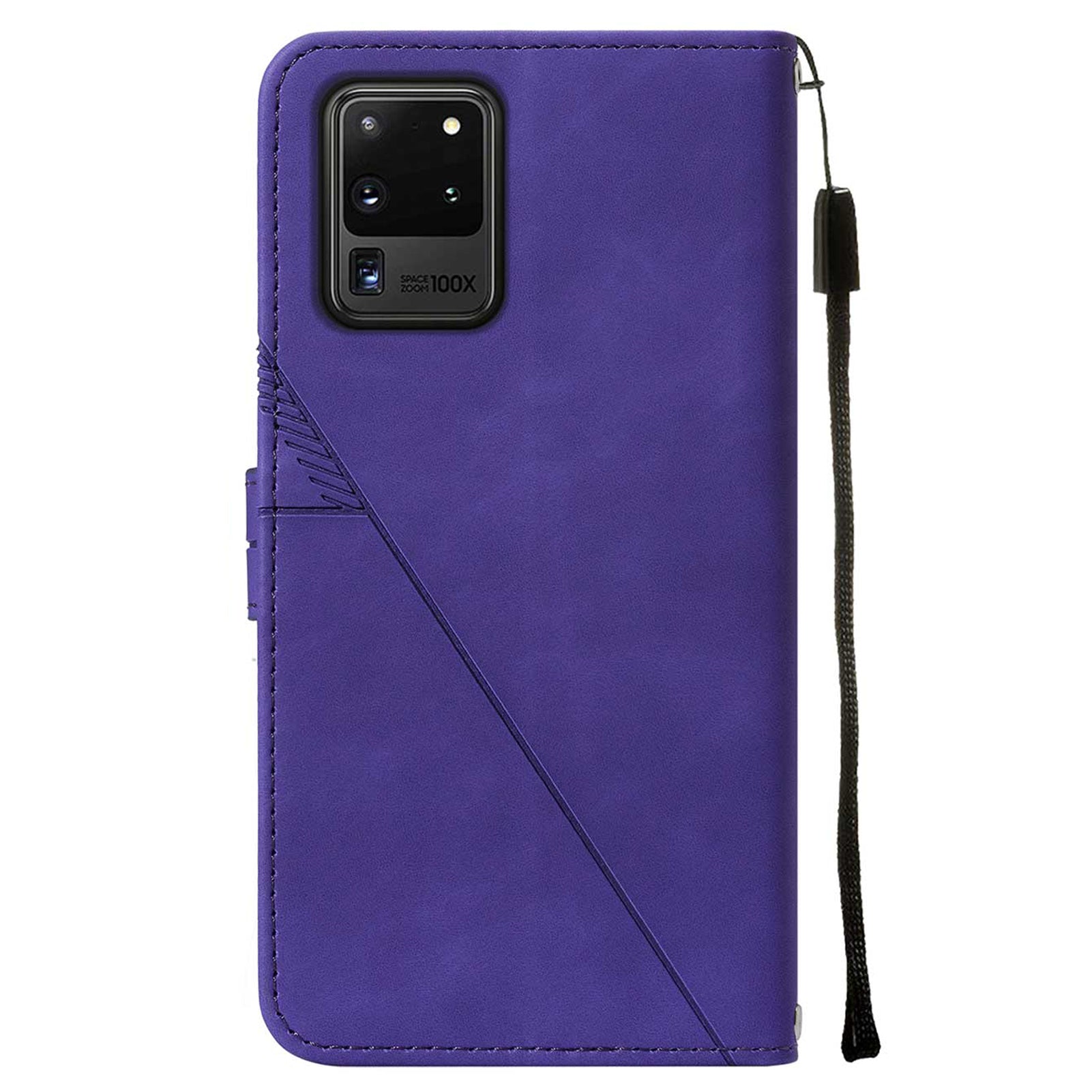 Imprinting Lines PU Leather Folio Flip Wallet Case Stand Magnetic Closure TPU Interior Phone Cover with Strap for Samsung Galaxy S20 Ultra - Purple