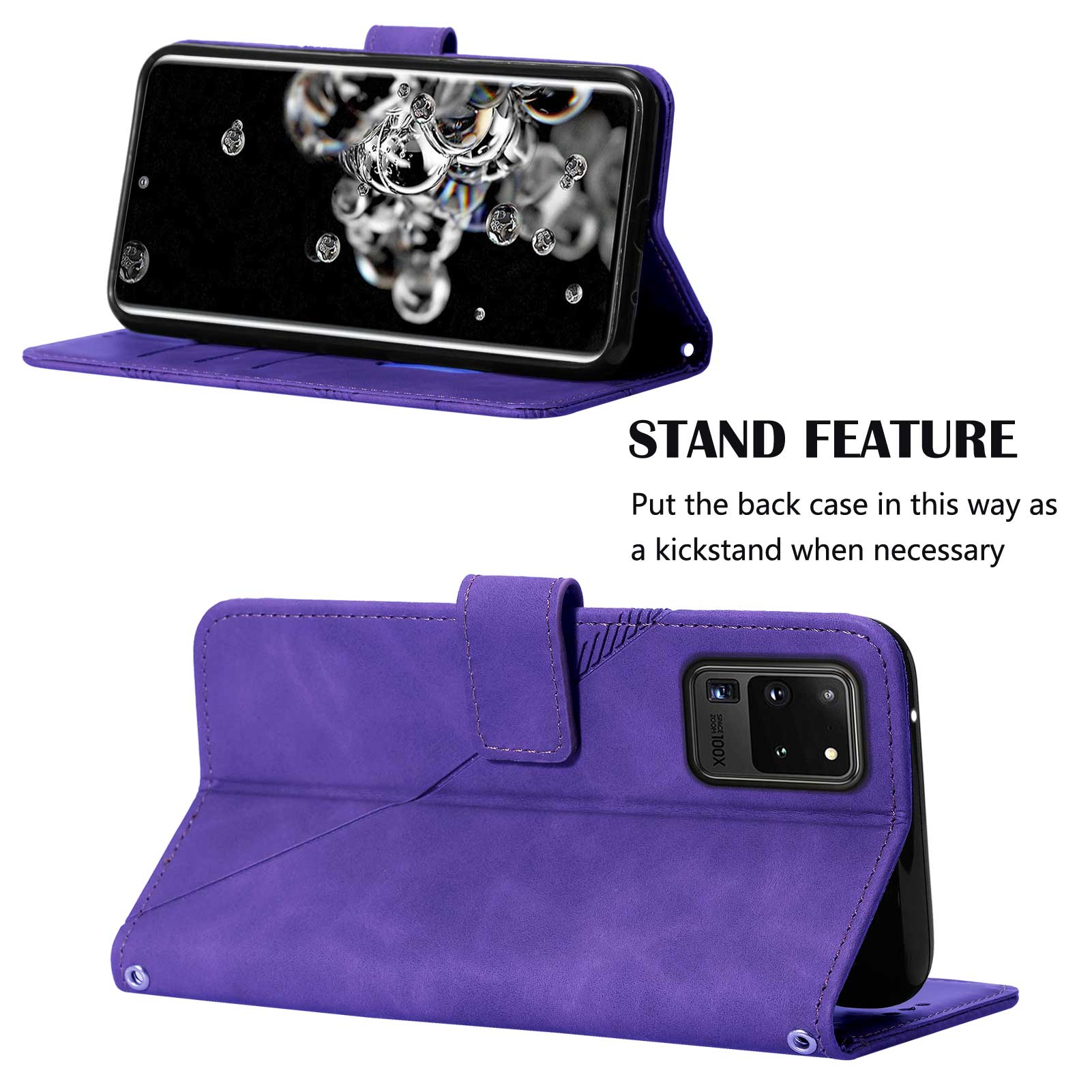 Imprinting Lines PU Leather Folio Flip Wallet Case Stand Magnetic Closure TPU Interior Phone Cover with Strap for Samsung Galaxy S20 Ultra - Purple