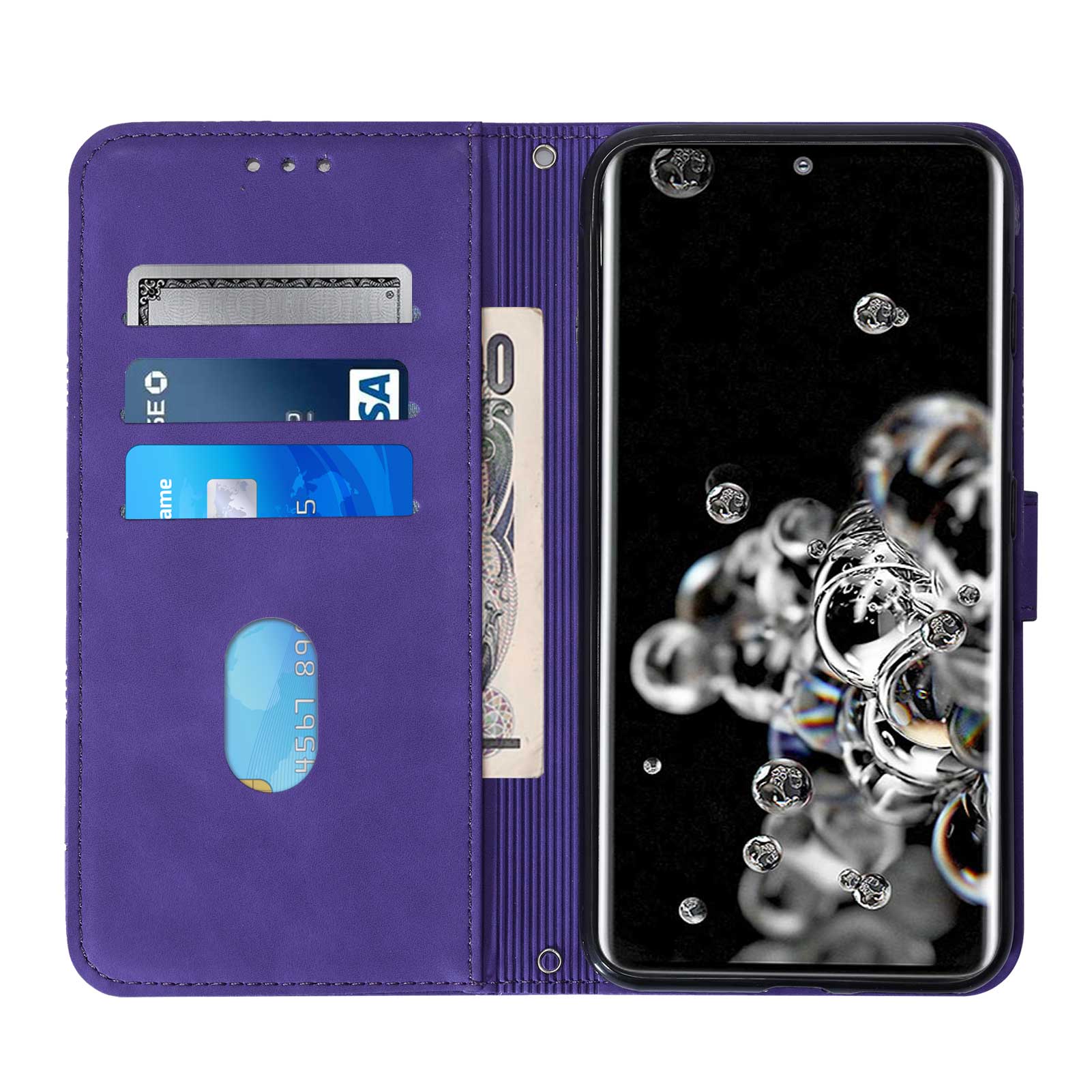 Imprinting Lines PU Leather Folio Flip Wallet Case Stand Magnetic Closure TPU Interior Phone Cover with Strap for Samsung Galaxy S20 Ultra - Purple