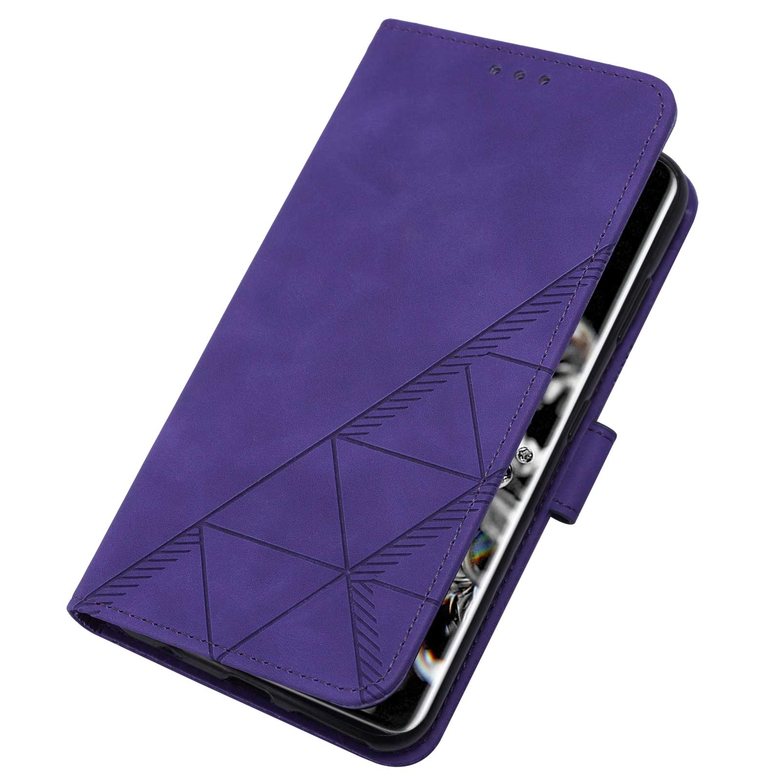 Imprinting Lines PU Leather Folio Flip Wallet Case Stand Magnetic Closure TPU Interior Phone Cover with Strap for Samsung Galaxy S20 Ultra - Purple