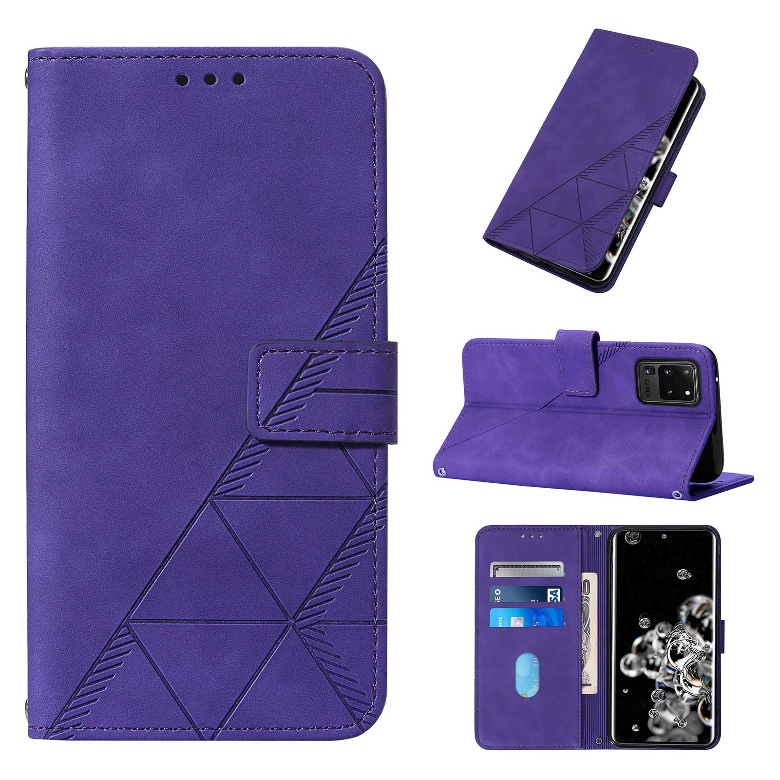 Imprinting Lines PU Leather Folio Flip Wallet Case Stand Magnetic Closure TPU Interior Phone Cover with Strap for Samsung Galaxy S20 Ultra - Purple