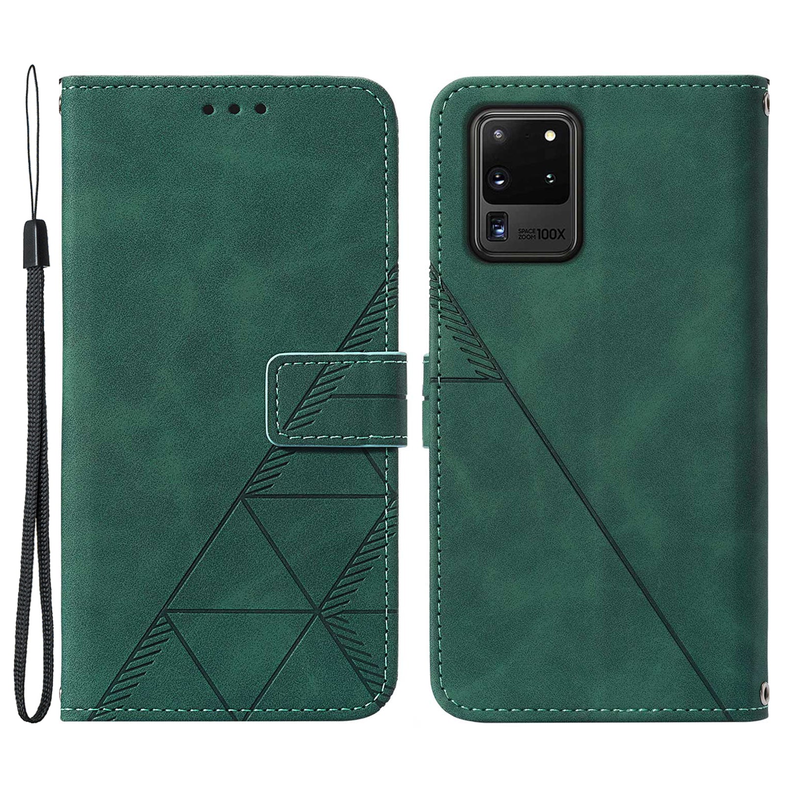 Imprinting Lines PU Leather Folio Flip Wallet Case Stand Magnetic Closure TPU Interior Phone Cover with Strap for Samsung Galaxy S20 Ultra - Blackish Green