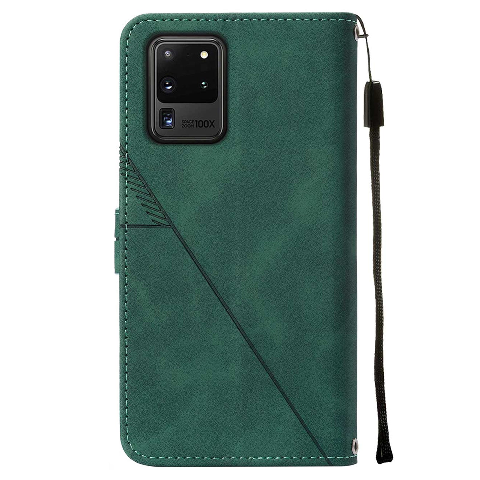 Imprinting Lines PU Leather Folio Flip Wallet Case Stand Magnetic Closure TPU Interior Phone Cover with Strap for Samsung Galaxy S20 Ultra - Blackish Green