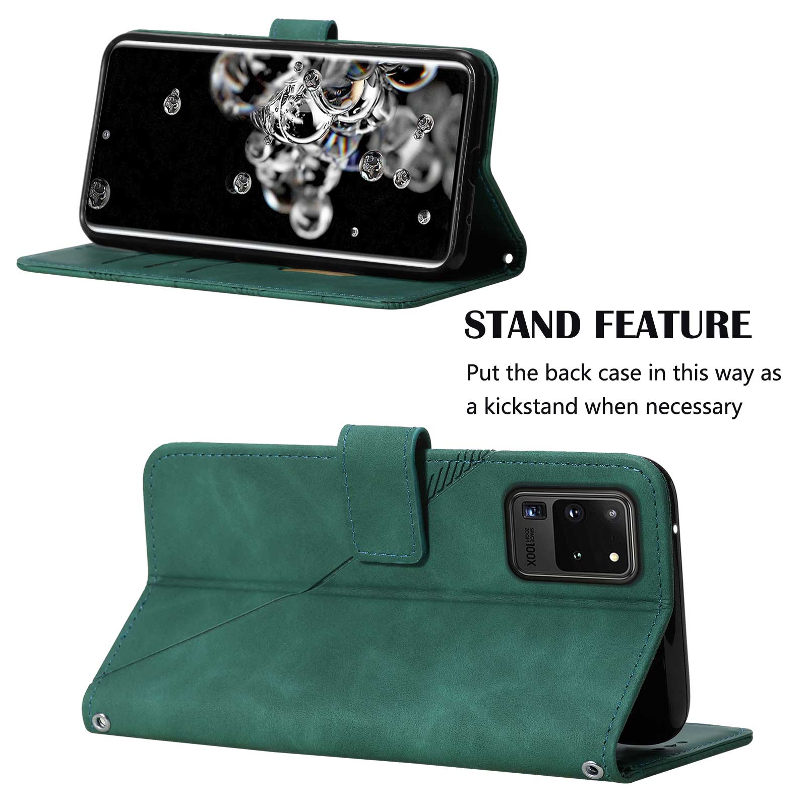 Imprinting Lines PU Leather Folio Flip Wallet Case Stand Magnetic Closure TPU Interior Phone Cover with Strap for Samsung Galaxy S20 Ultra - Blackish Green