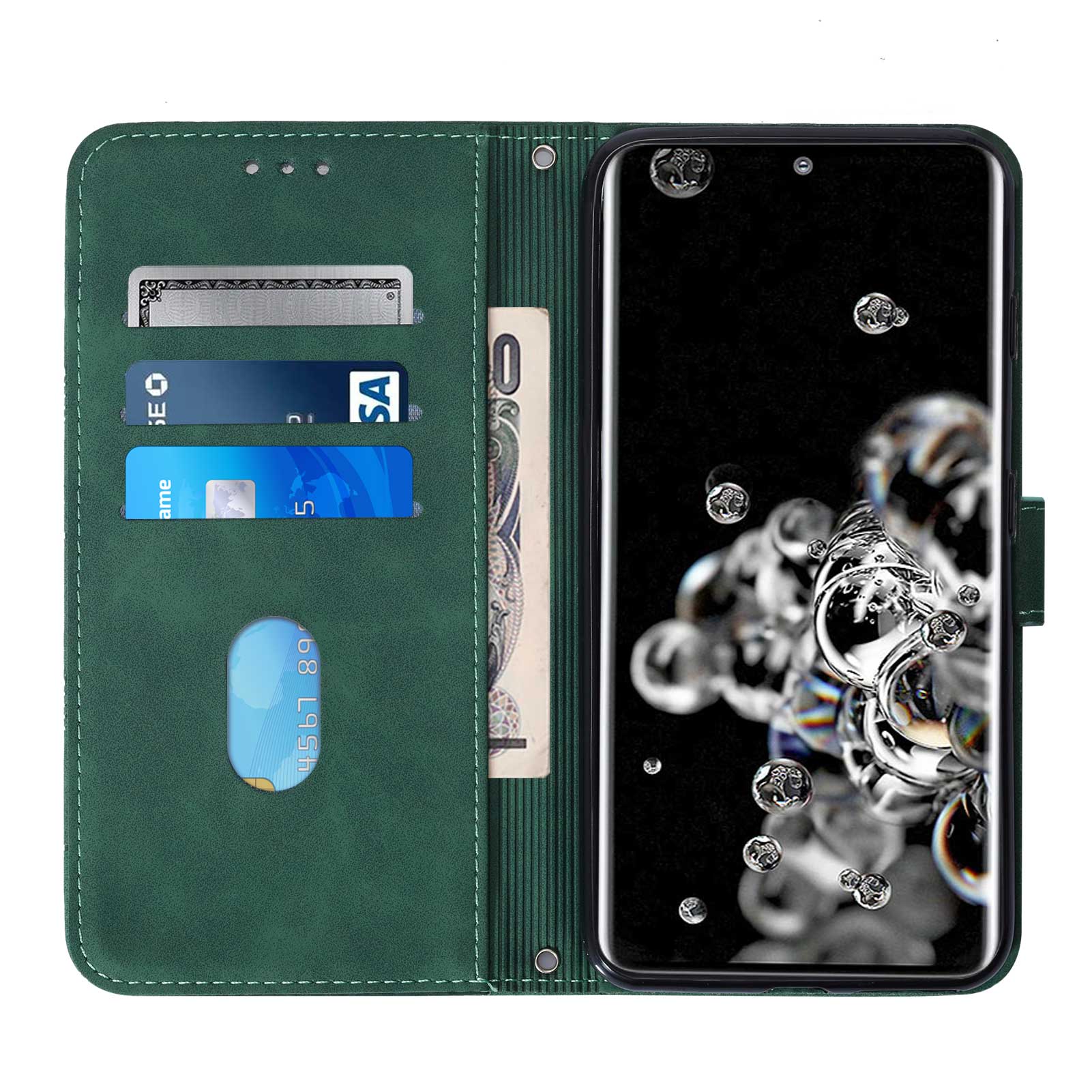 Imprinting Lines PU Leather Folio Flip Wallet Case Stand Magnetic Closure TPU Interior Phone Cover with Strap for Samsung Galaxy S20 Ultra - Blackish Green