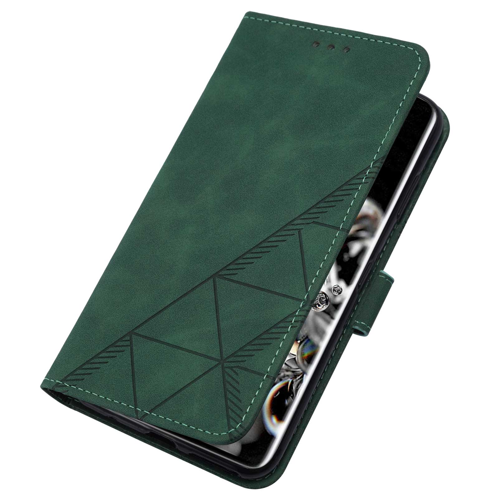 Imprinting Lines PU Leather Folio Flip Wallet Case Stand Magnetic Closure TPU Interior Phone Cover with Strap for Samsung Galaxy S20 Ultra - Blackish Green