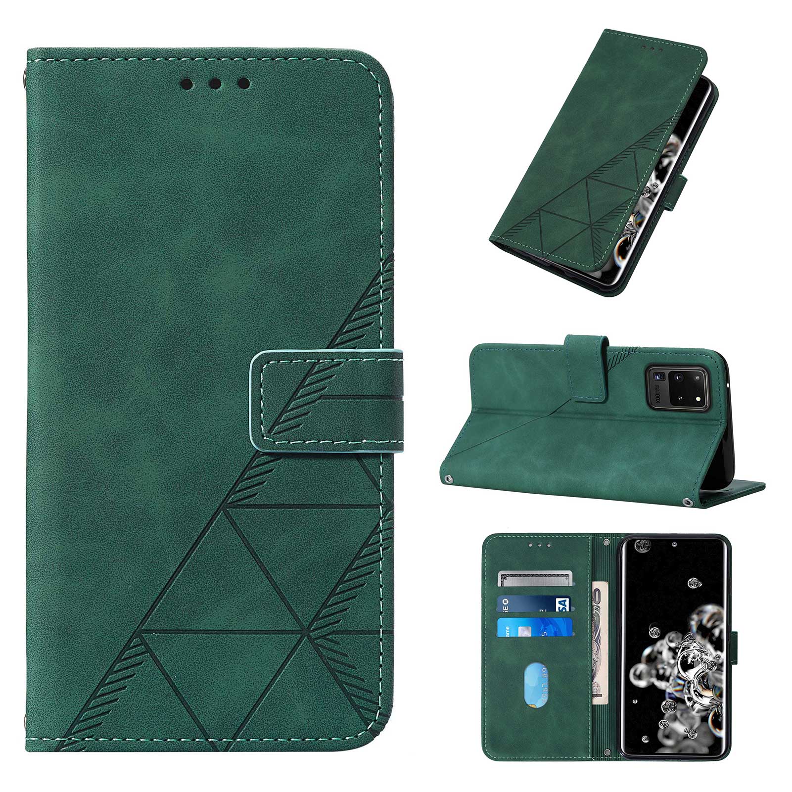 Imprinting Lines PU Leather Folio Flip Wallet Case Stand Magnetic Closure TPU Interior Phone Cover with Strap for Samsung Galaxy S20 Ultra - Blackish Green