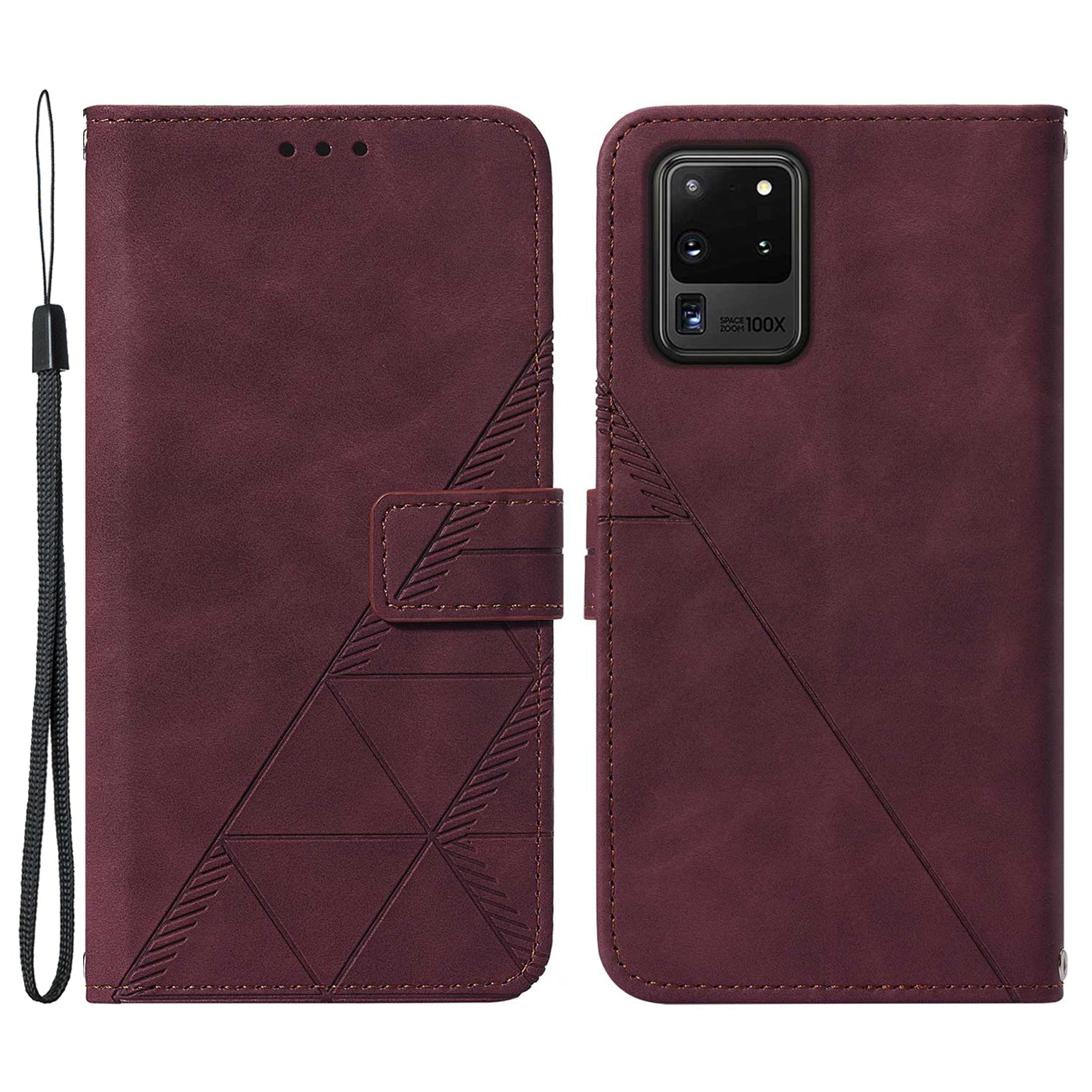 Imprinting Lines PU Leather Folio Flip Wallet Case Stand Magnetic Closure TPU Interior Phone Cover with Strap for Samsung Galaxy S20 Ultra - Wine Red